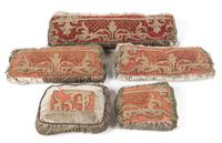 A Group of Five Embroidered Velvet Pillows Width of widest 29 inches.