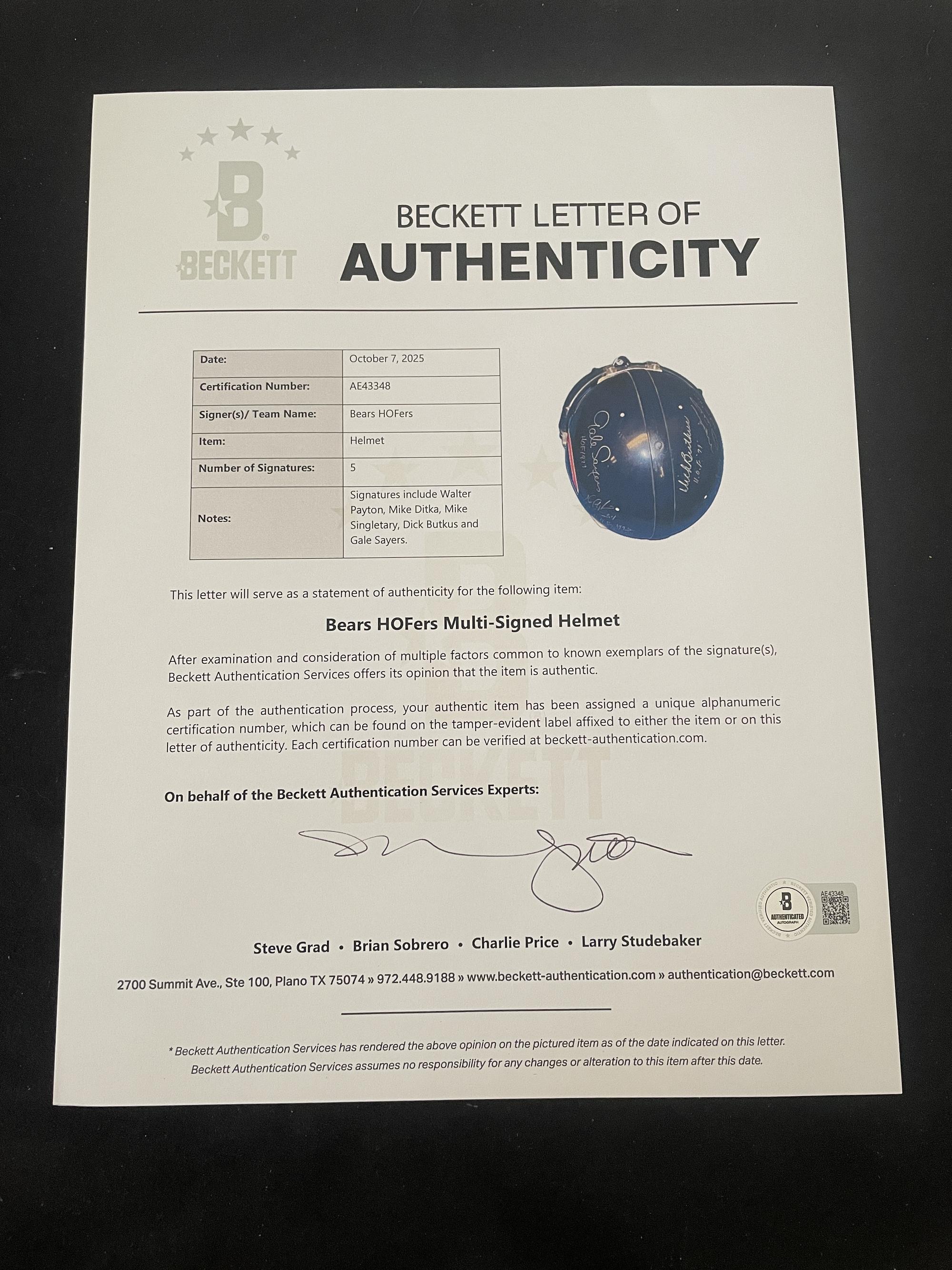 A Chicago Bears Hall of Fame Signed Autograph Full Size Helmet Including Walter Payton (Beckett Authentication Services Letter)