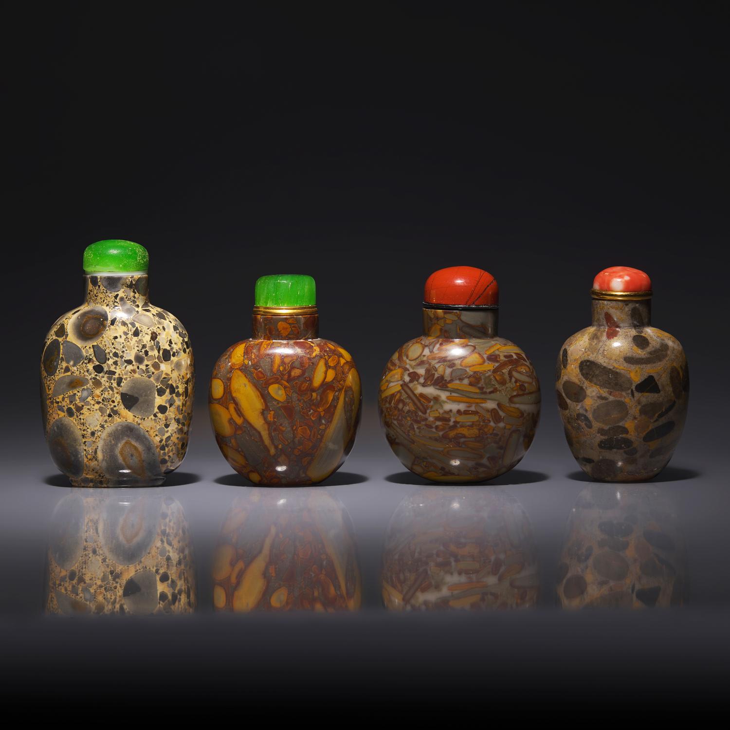 Four Chinese Puddingstone Snuff Bottles 抱子石鼻烟壺四支