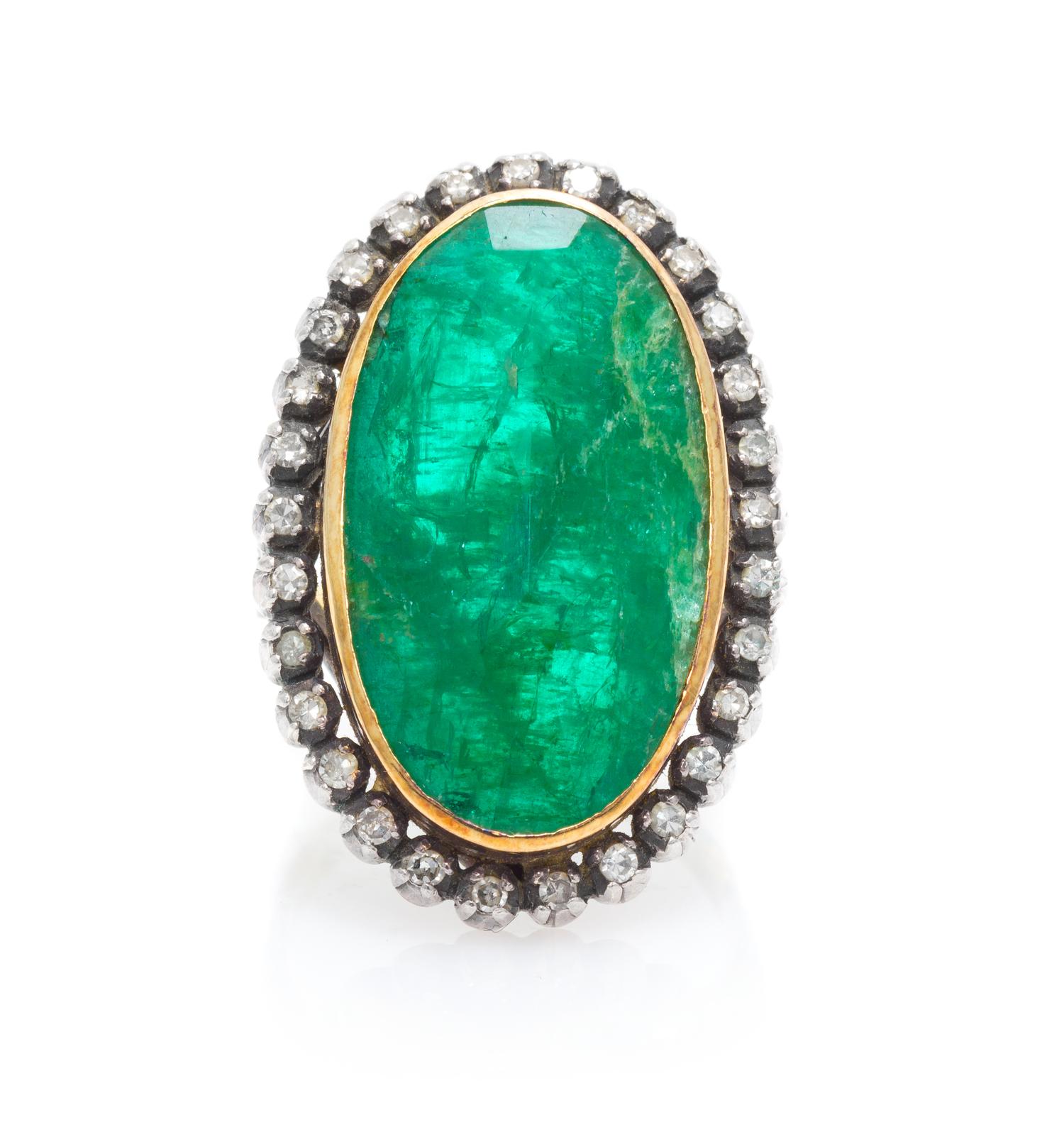 A Silver Topped Yellow Gold, Emerald and Diamond Ring, 8.20 dwts.