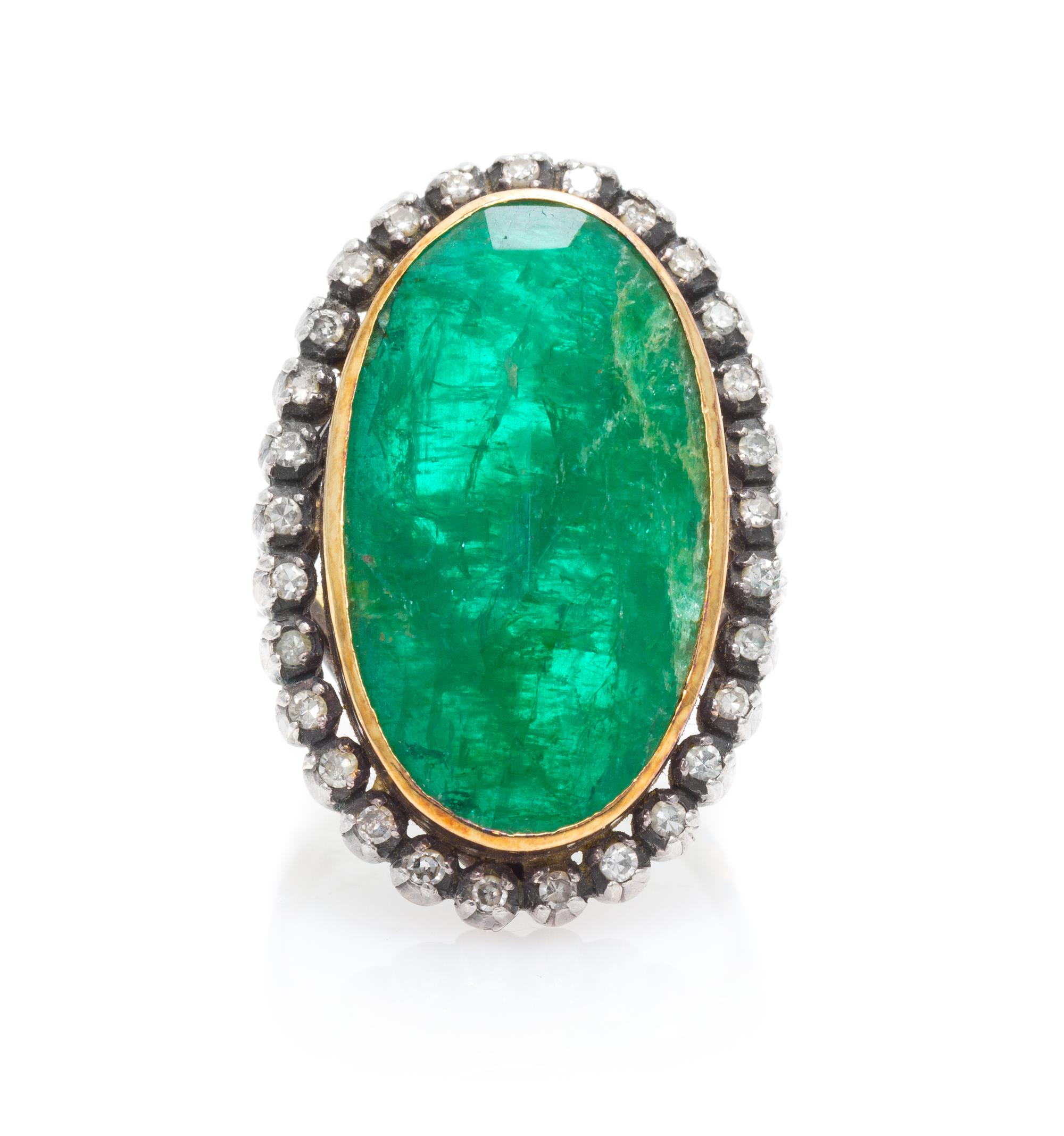 A Silver Topped Yellow Gold, Emerald and Diamond Ring, 8.20 dwts.