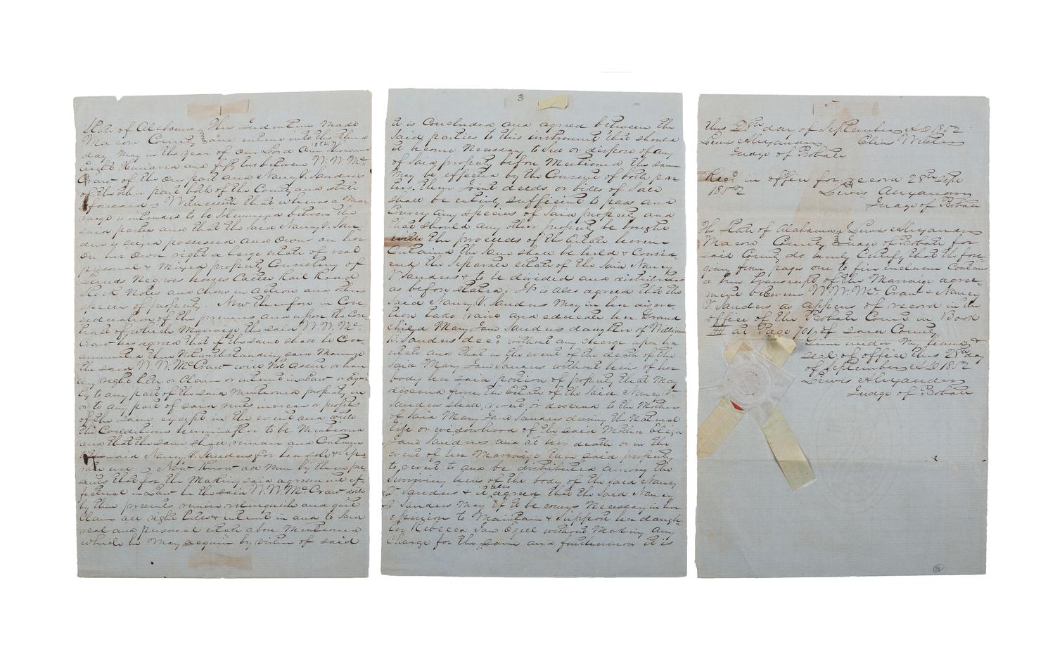 [SLAVERY & ABOLITION]. Manuscript marriage indenture describing the division of enslaved. Macon County, Alabama, 3 May 1852.