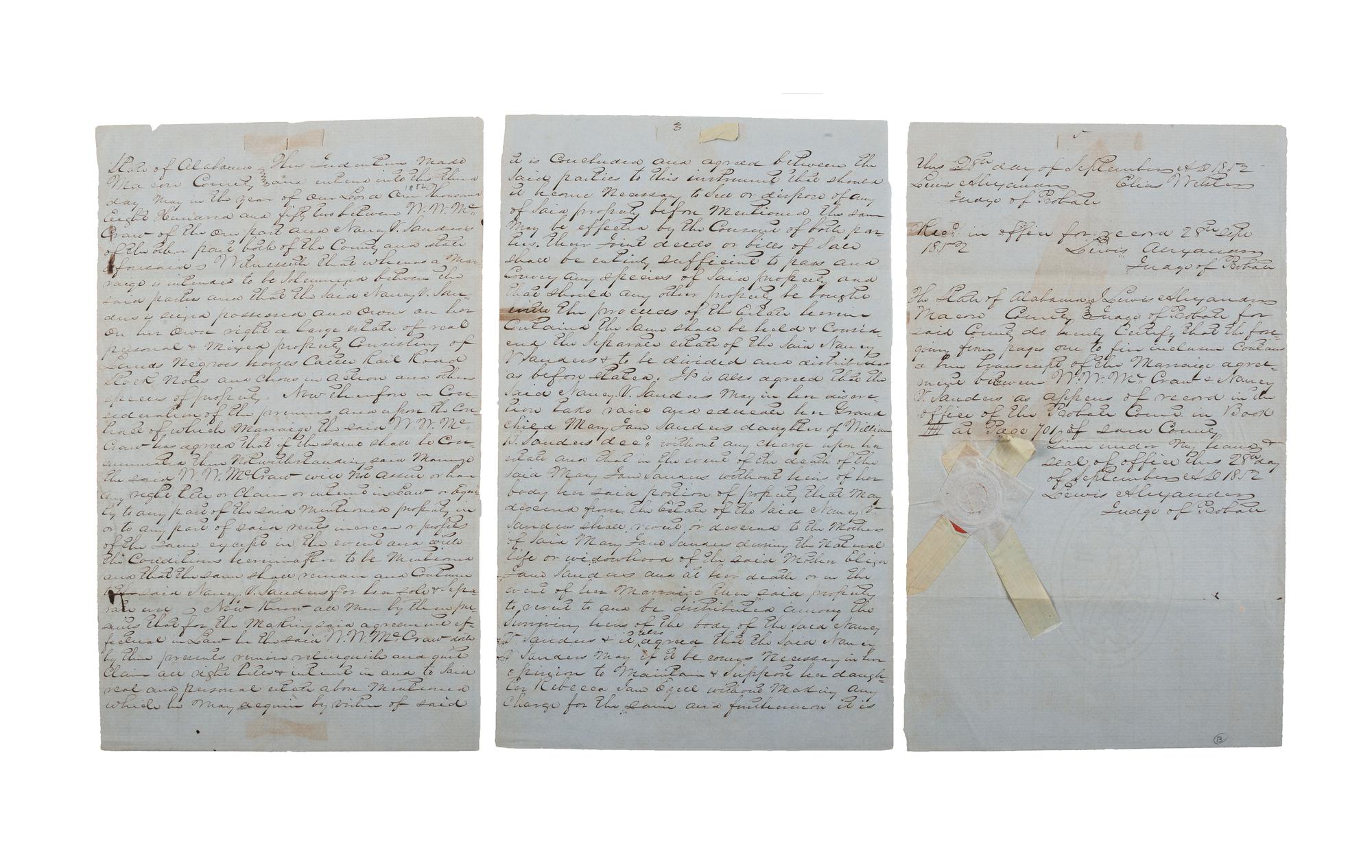 [SLAVERY & ABOLITION]. Manuscript marriage indenture describing the division of enslaved. Macon County, Alabama, 3 May 1852.