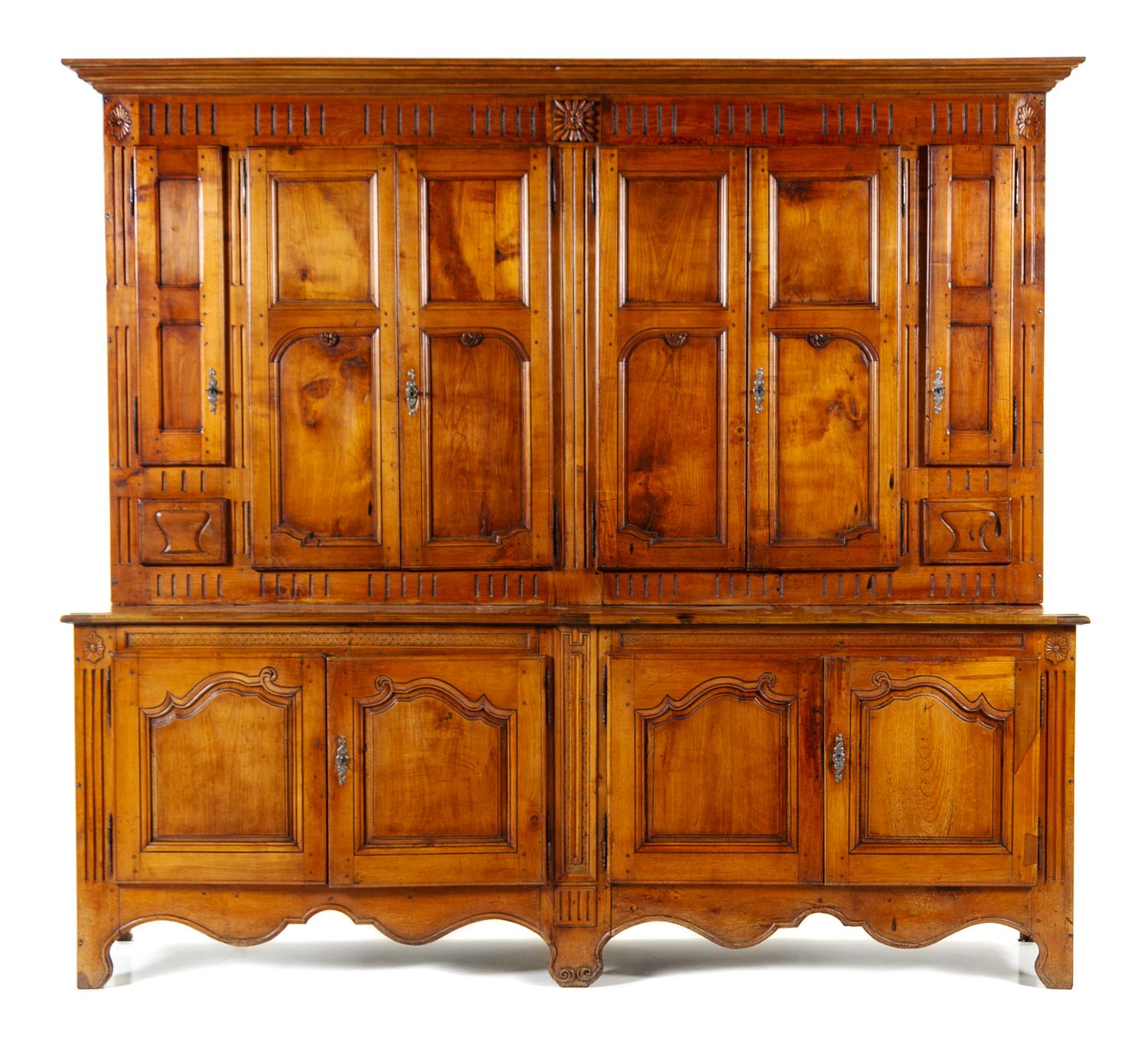 A Louis XV Provincial Walnut Meuble a Deux Corps Height 99 3/8 x width 108 1/4 x depth 21 1/4 inches. — LATE 18TH/EARLY 19TH CENTURY