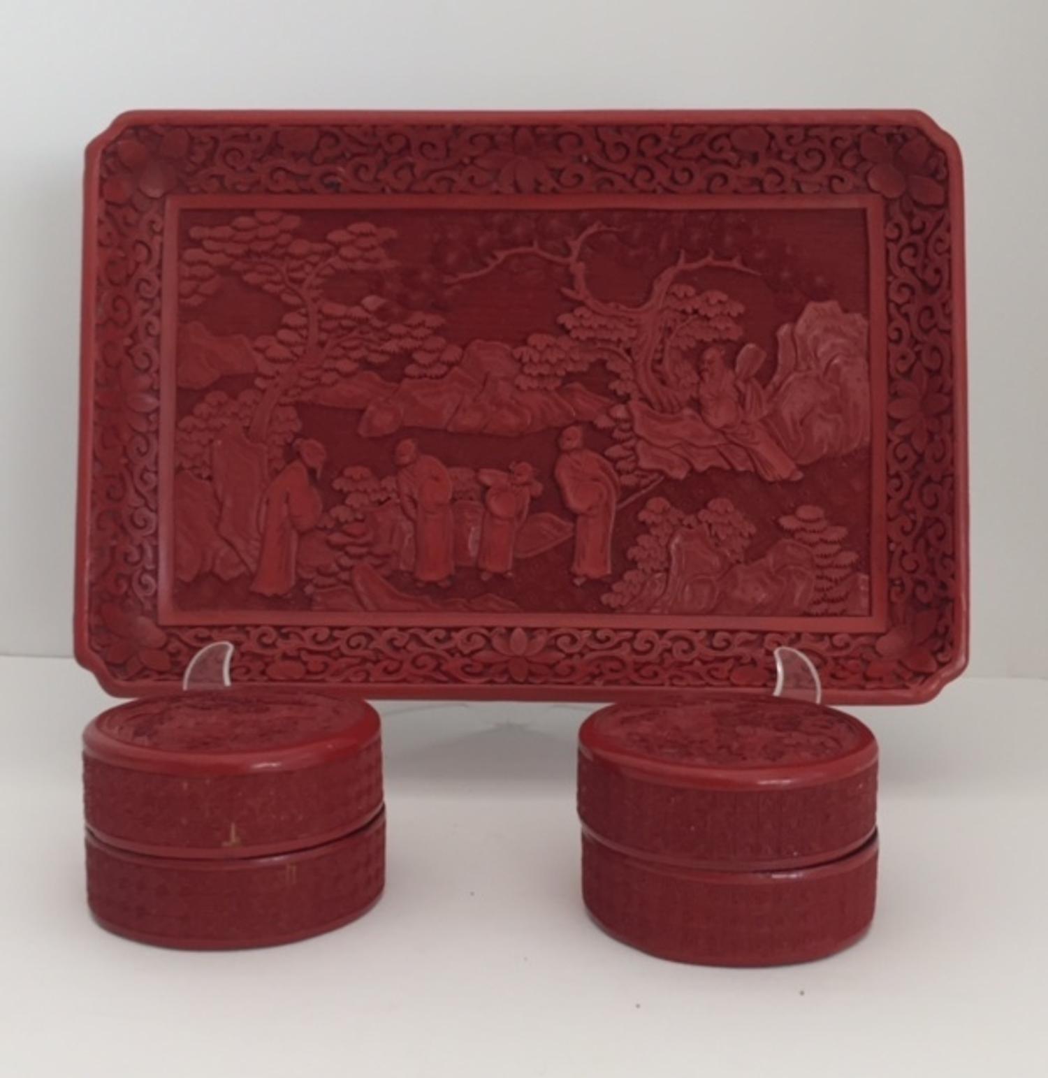 A Pair of Chinese Carved Cinnabar Lidded Boxes Height 2 3/4 inches. — 19TH CENTURY