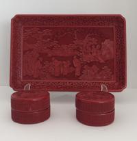 A Pair of Chinese Carved Cinnabar Lidded Boxes Height 2 3/4 inches. — 19TH CENTURY