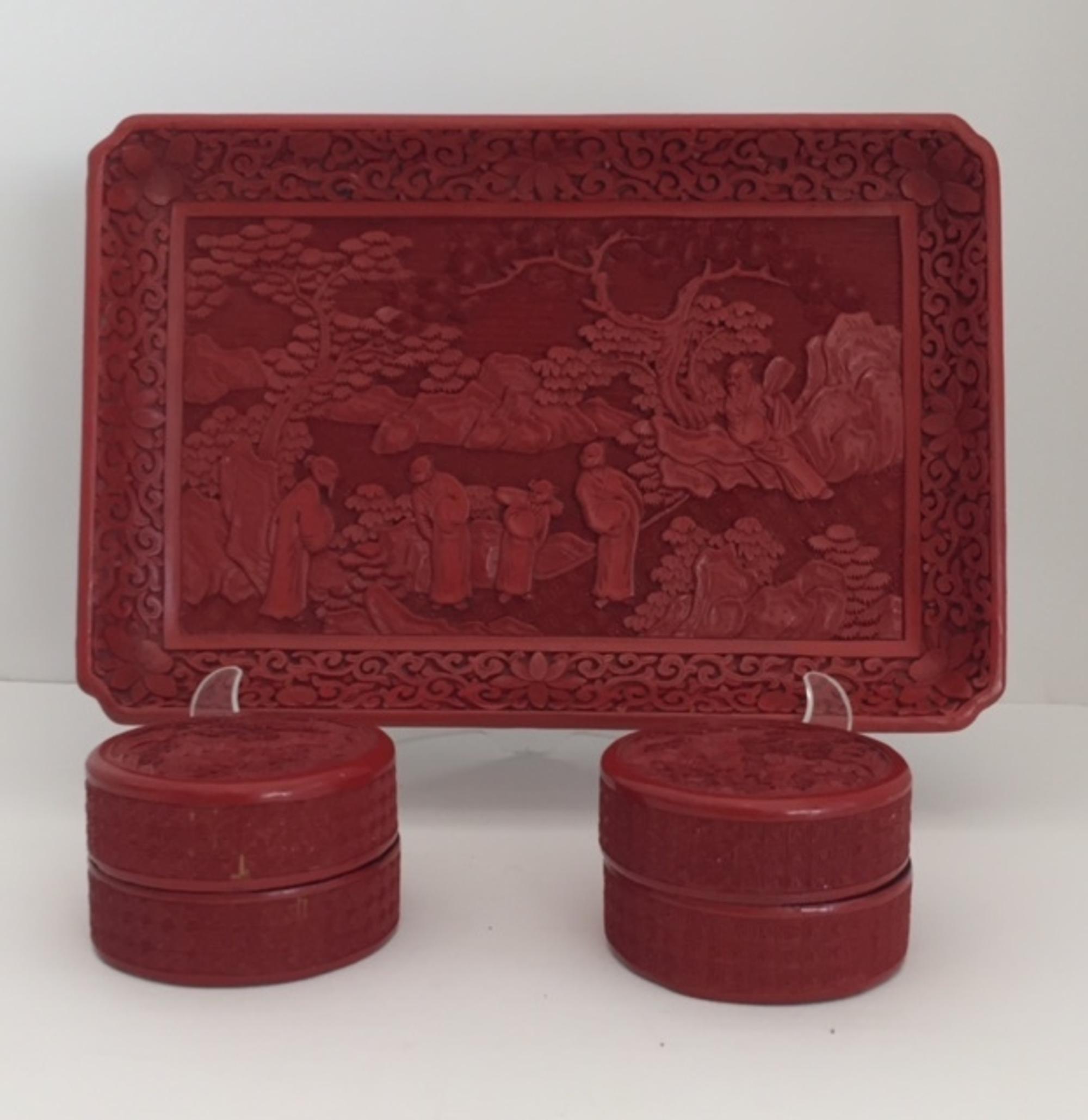 A Pair of Chinese Carved Cinnabar Lidded Boxes Height 2 3/4 inches. — 19TH CENTURY