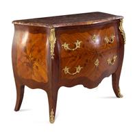 A Louis XV Style Gilt Bronze Mounted Kingwood and Sans Traverse Marquetry Marble-Top Bombe Commode