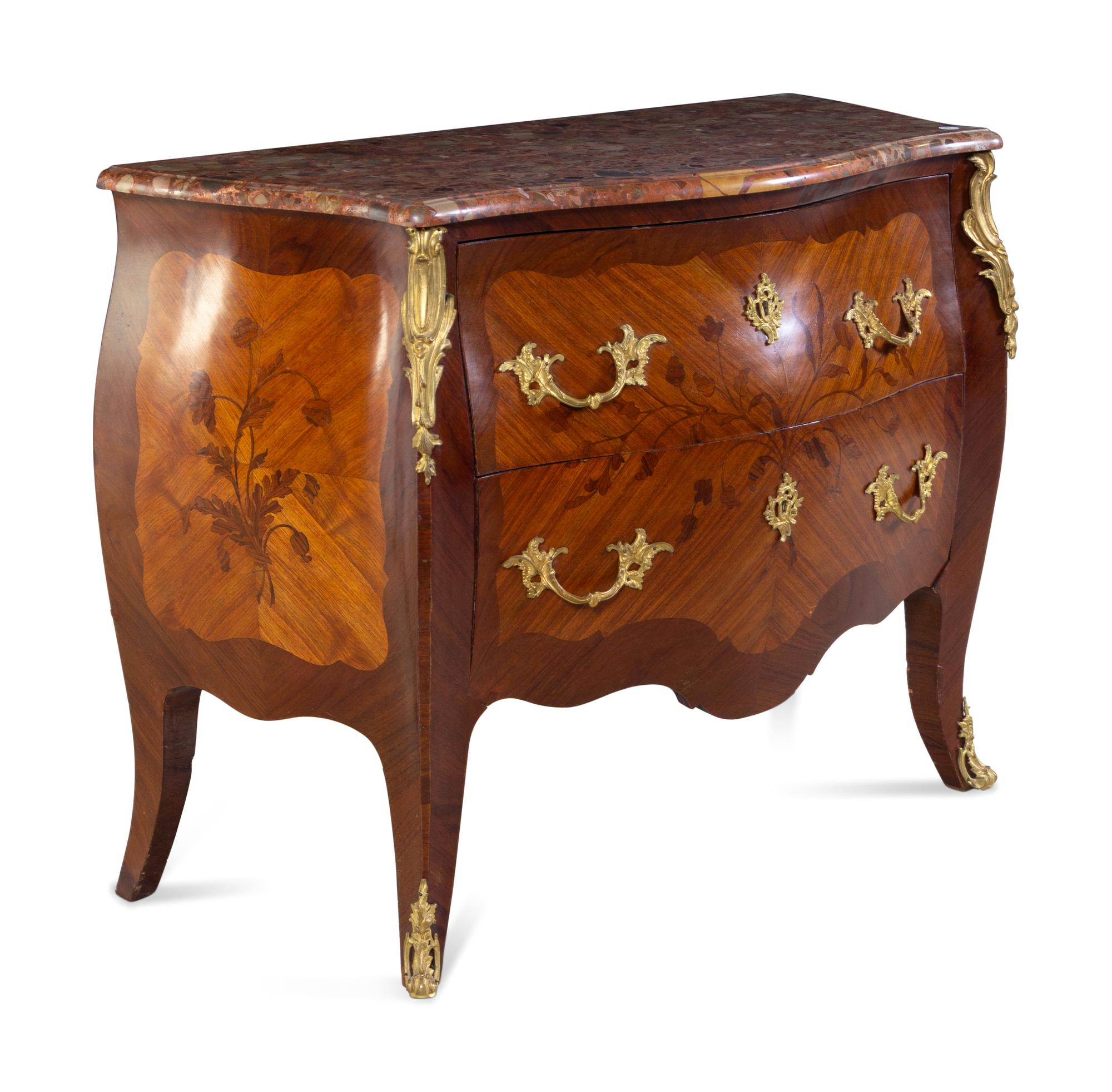 A Louis XV Style Gilt Bronze Mounted Kingwood and Sans Traverse Marquetry Marble-Top Bombe Commode