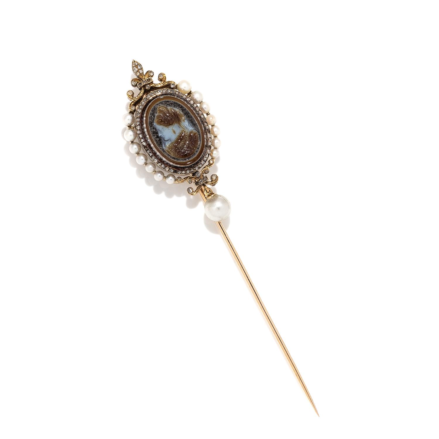 Antique, Banded Agate Cameo, Seed Pearl, and Diamond Stick Pin