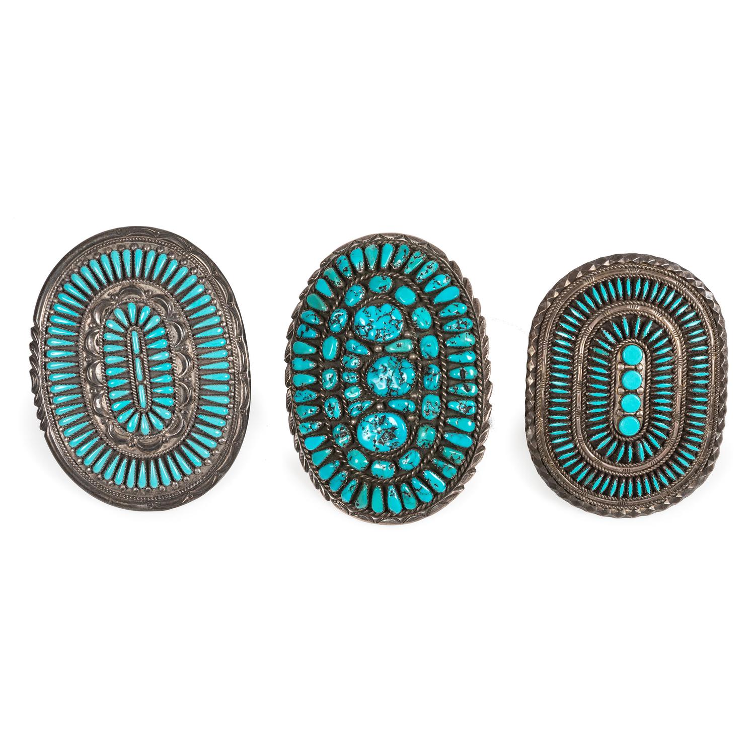 Navajo and Zuni Silver and Petit Point Turquoise Cluster Belt Buckles