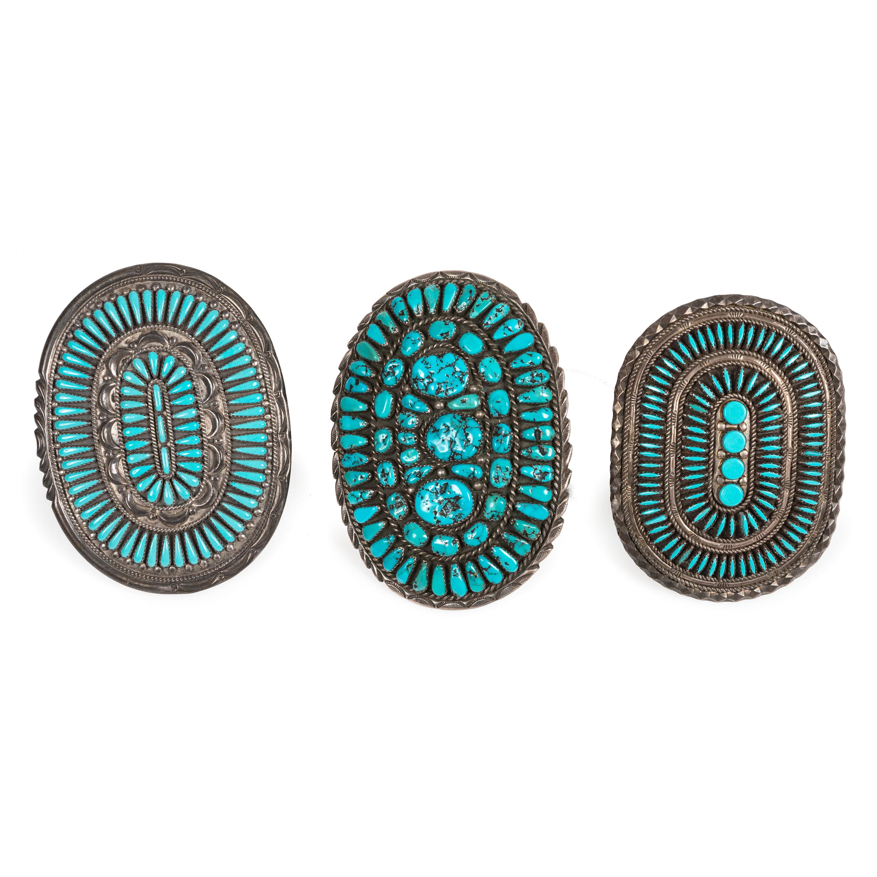 Navajo and Zuni Silver and Petit Point Turquoise Cluster Belt Buckles