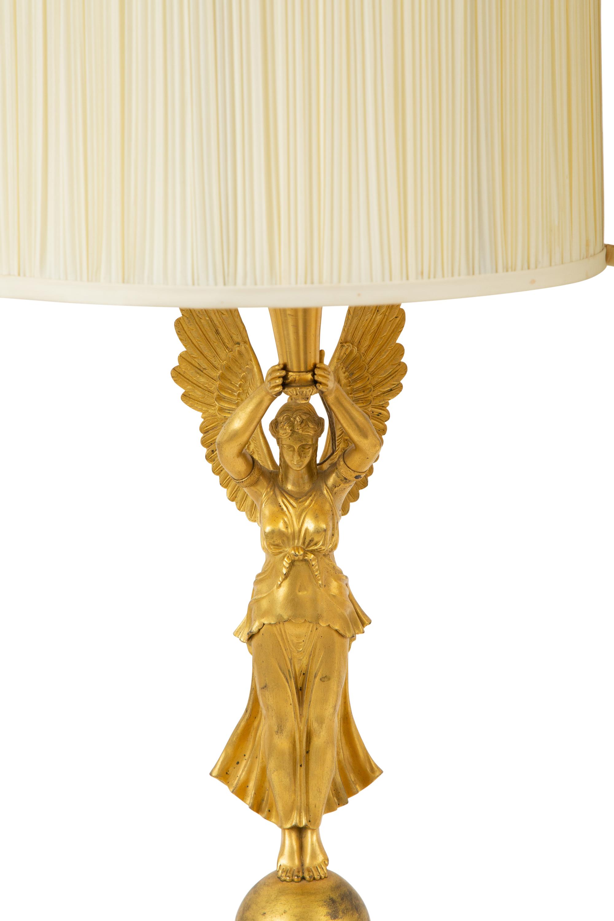 A Pair of Empire Style Gilt Bronze and White Marble Table Lamps