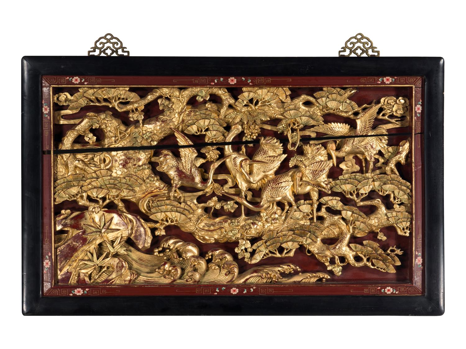 A Chinese Export Pierce Carved Giltwood Panel
