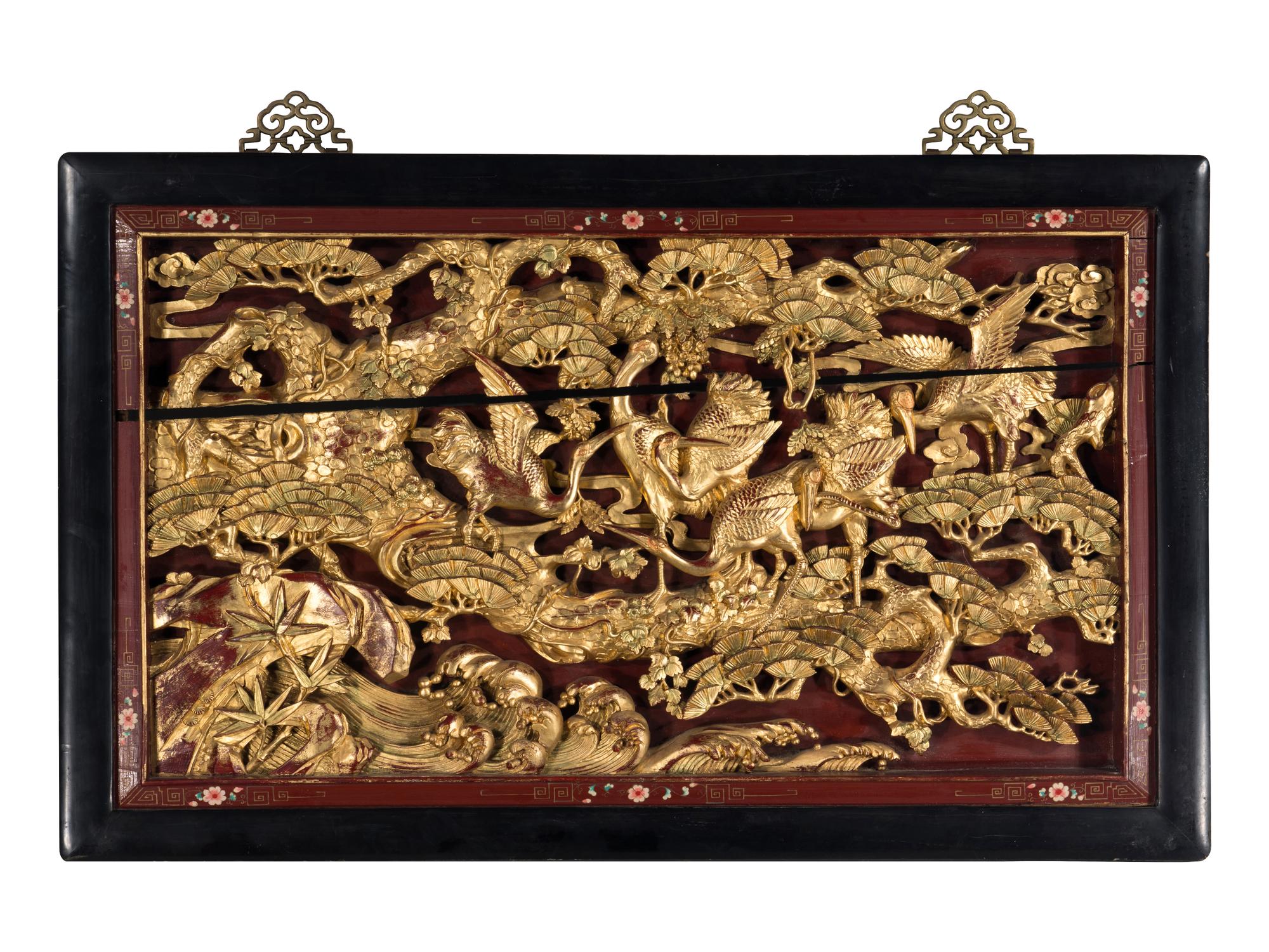 A Chinese Export Pierce Carved Giltwood Panel