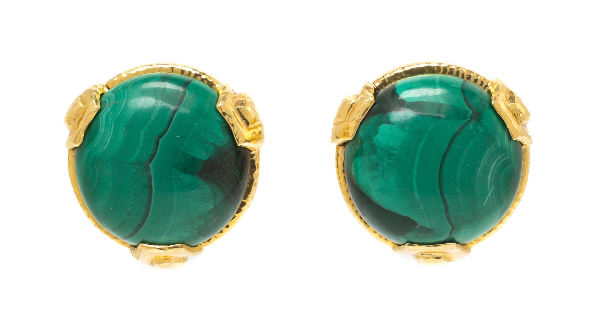 A Pair of 18 Karat Yellow Gold and Malachite Earclips, David Webb, 18.60 dwts.