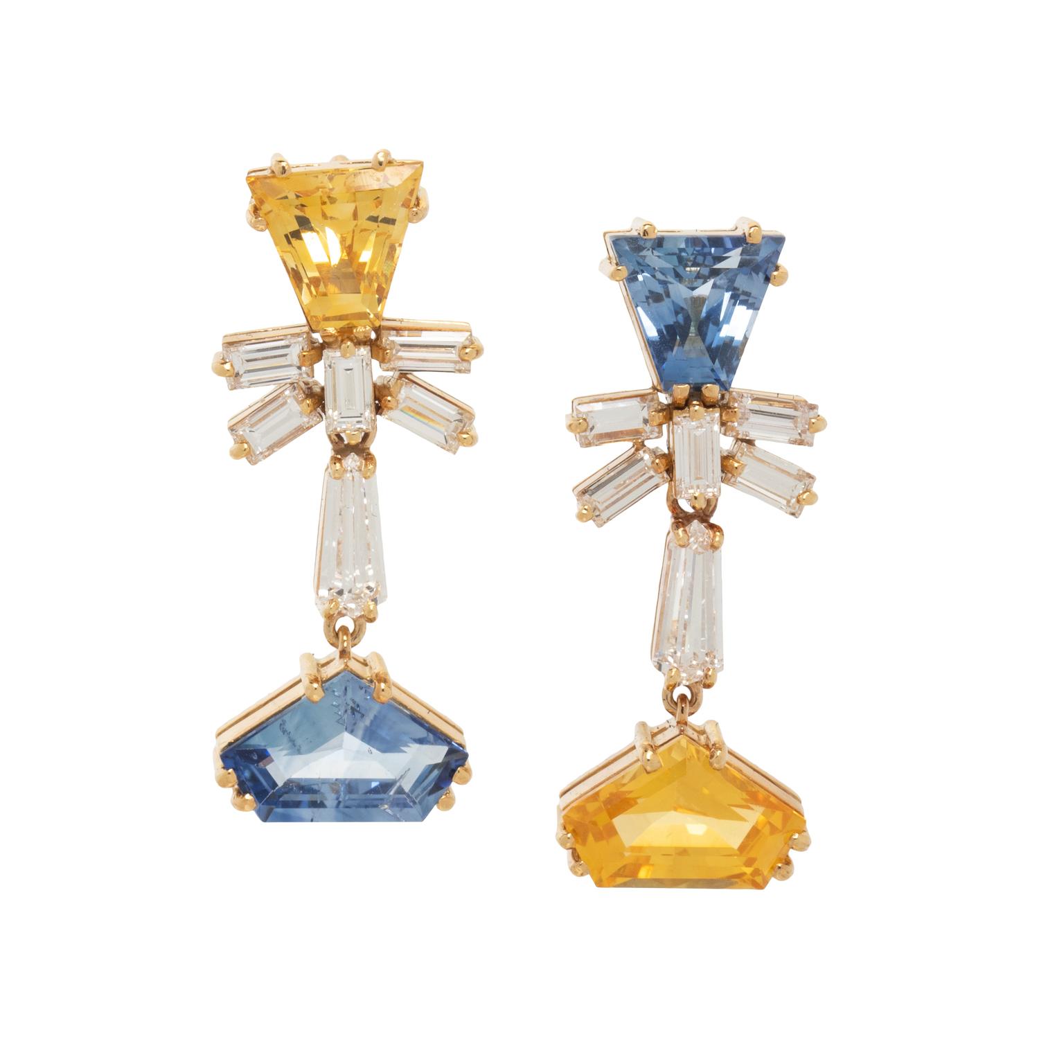YELLOW SAPPHIRE, SAPPHIRE AND DIAMOND EARRINGS