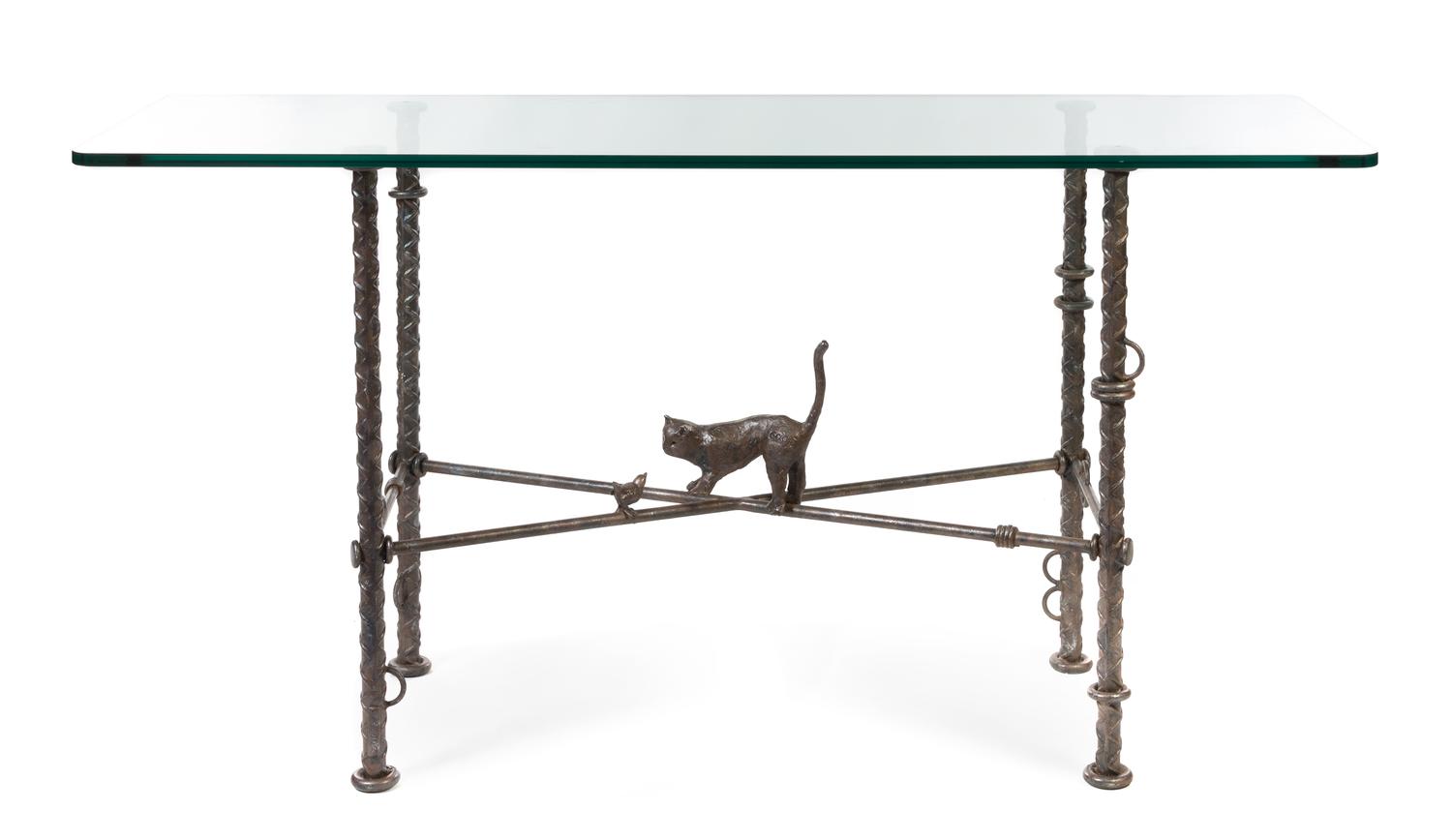 Ilana Goor, (Israeli, b. 1936), console table, depicting a cat chasing a bird, c.1994