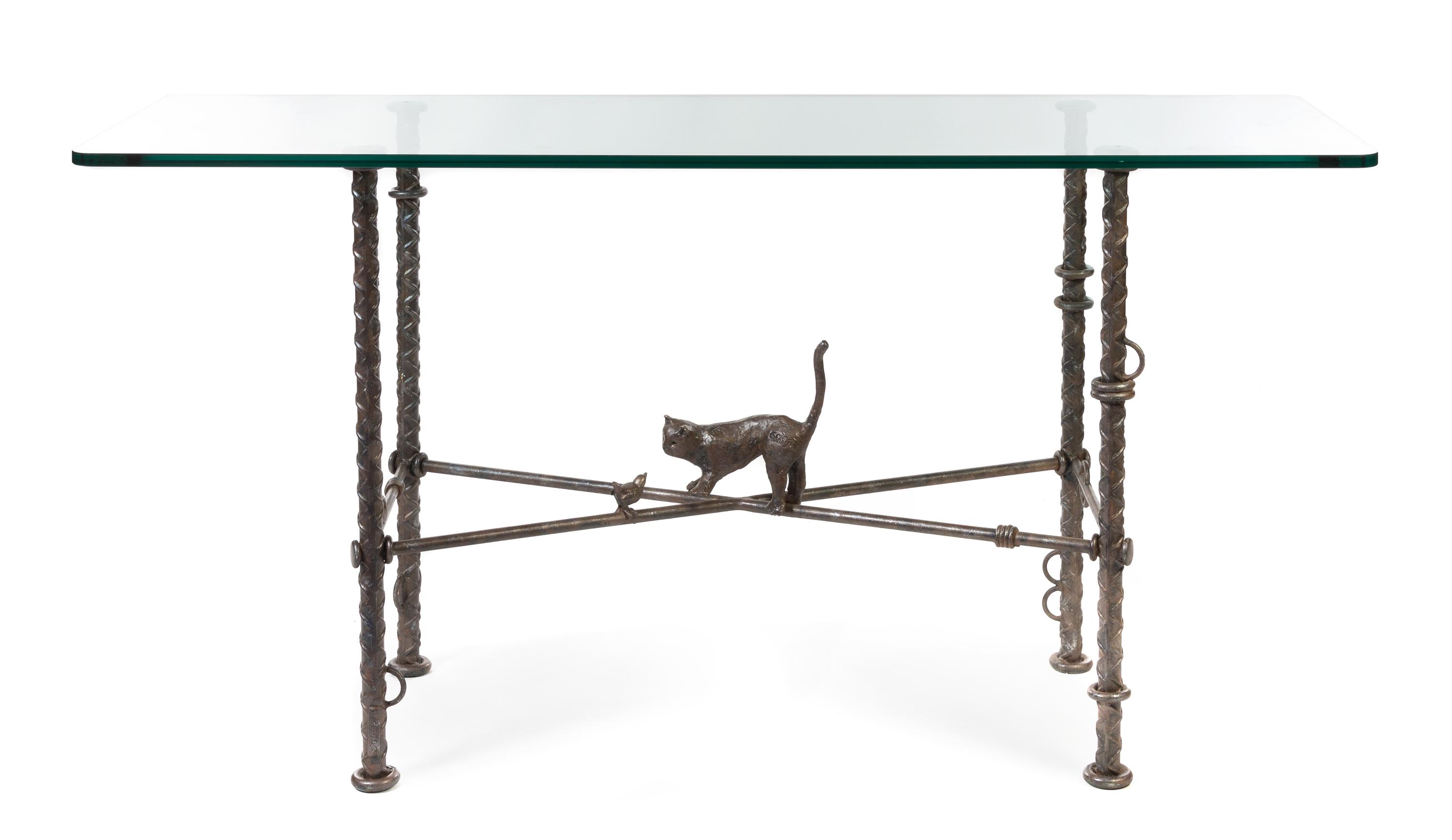 Ilana Goor, (Israeli, b. 1936), console table, depicting a cat chasing a bird, c.1994