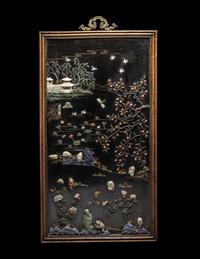 A Pair of Chinese Black Lacquered Hardstone Inset Rectangular Wall Panels