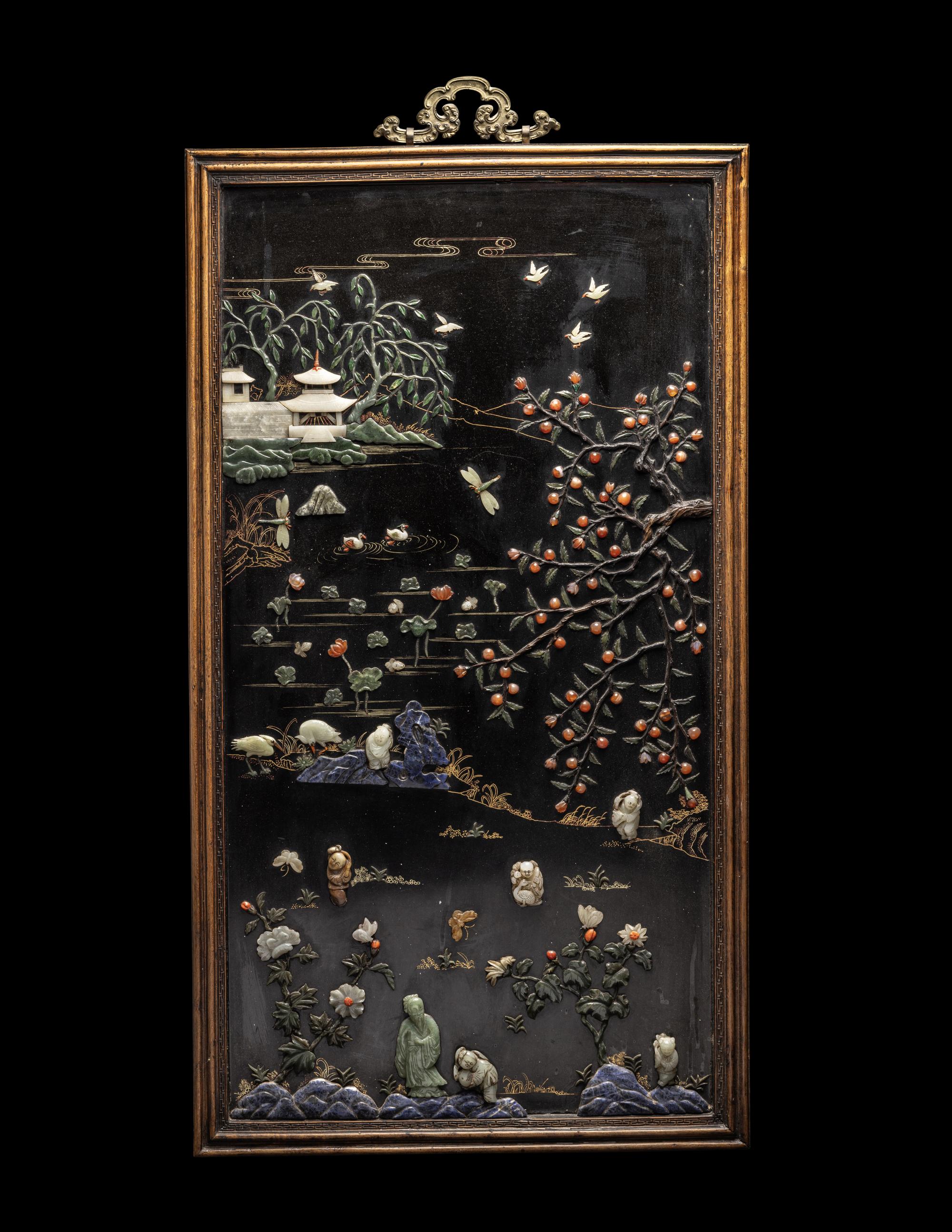 A Pair of Chinese Black Lacquered Hardstone Inset Rectangular Wall Panels