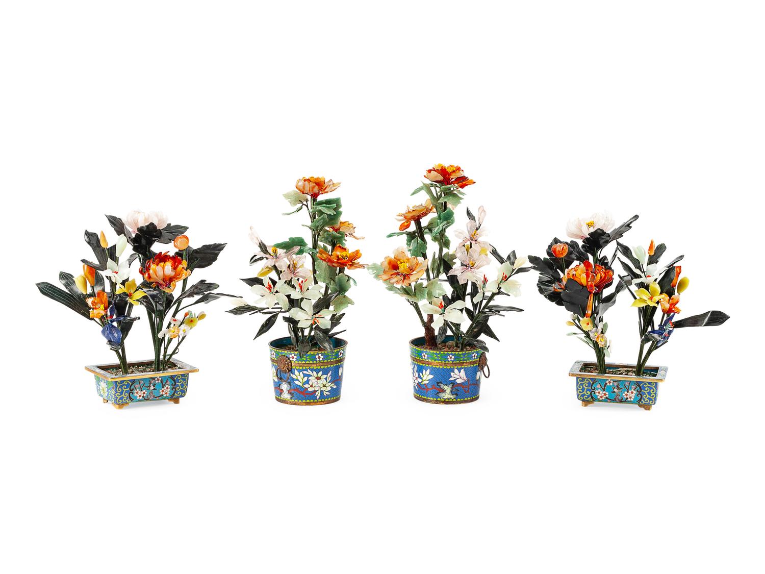 Two Pair of Chinese Hardstone Flowering Shrubs