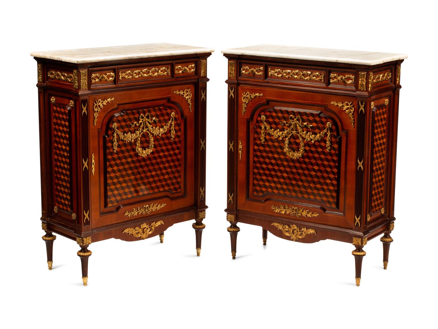 A Pair of Louis XVI Style Gilt Bronze Mounted Parquetry Marble-Top Cabinets