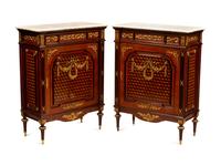 A Pair of Louis XVI Style Gilt Bronze Mounted Parquetry Marble-Top Cabinets