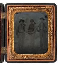 [CIVIL WAR]. Sixth plate outdoor tintype featuring a trio of Union pards showing off their canteens.