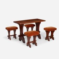 An Arts & Crafts Gnomeman Oak Table with Four Conforming Stools Tom 'Gnomeman' Whittaker (British 1910–1991), circa 1950