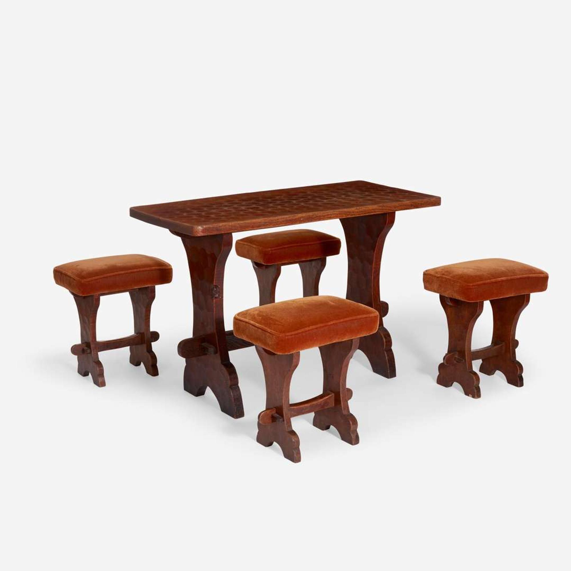 An Arts & Crafts Gnomeman Oak Table with Four Conforming Stools Tom 'Gnomeman' Whittaker (British 1910–1991), circa 1950