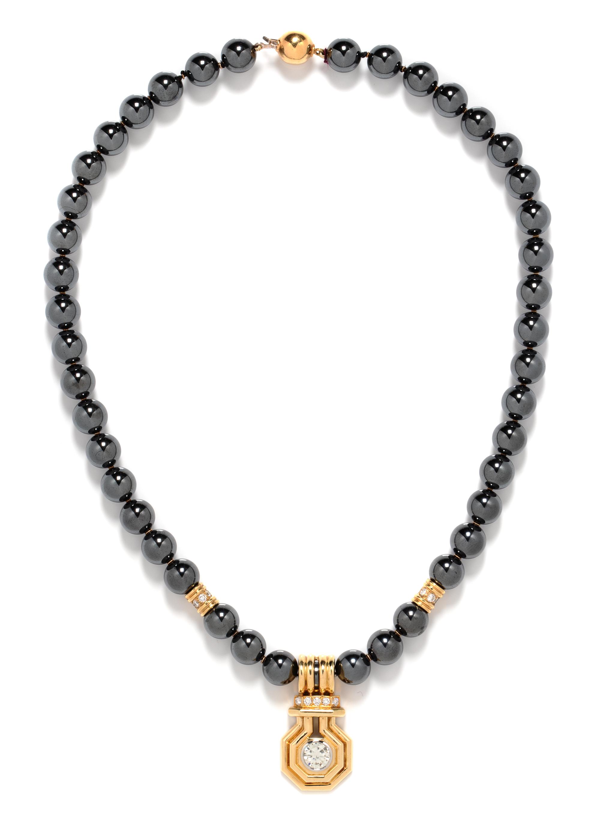 An 18 Karat Yellow Gold, Diamond and Hematite Bead Necklace, Italian, 87.00 dwts.