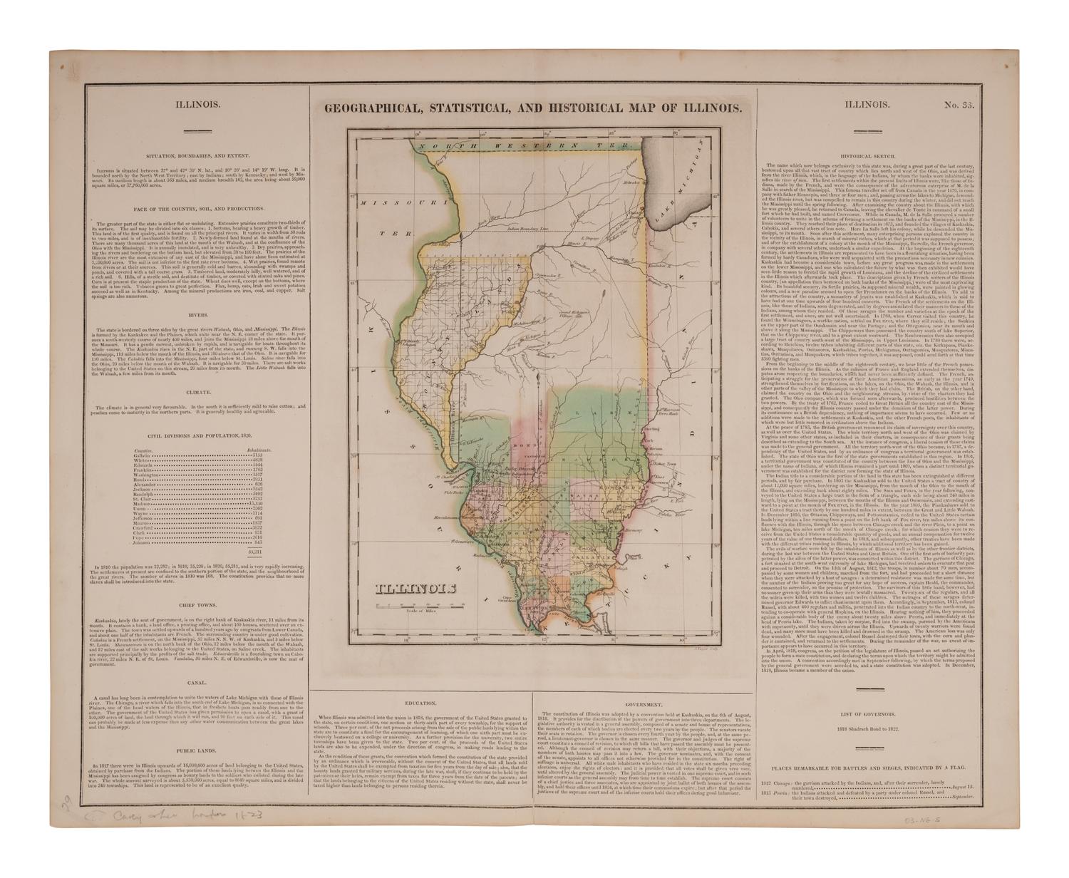 CAREY, Henry Charles (1793-1879) and Isaac LEA (1792-1886). Geographical, Statistical, and Historical Map of Illinois . [Philadelphia, 1822].