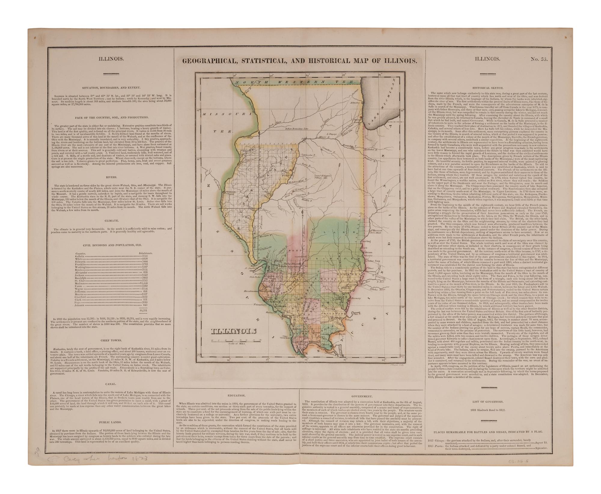 CAREY, Henry Charles (1793-1879) and Isaac LEA (1792-1886). Geographical, Statistical, and Historical Map of Illinois . [Philadelphia, 1822].