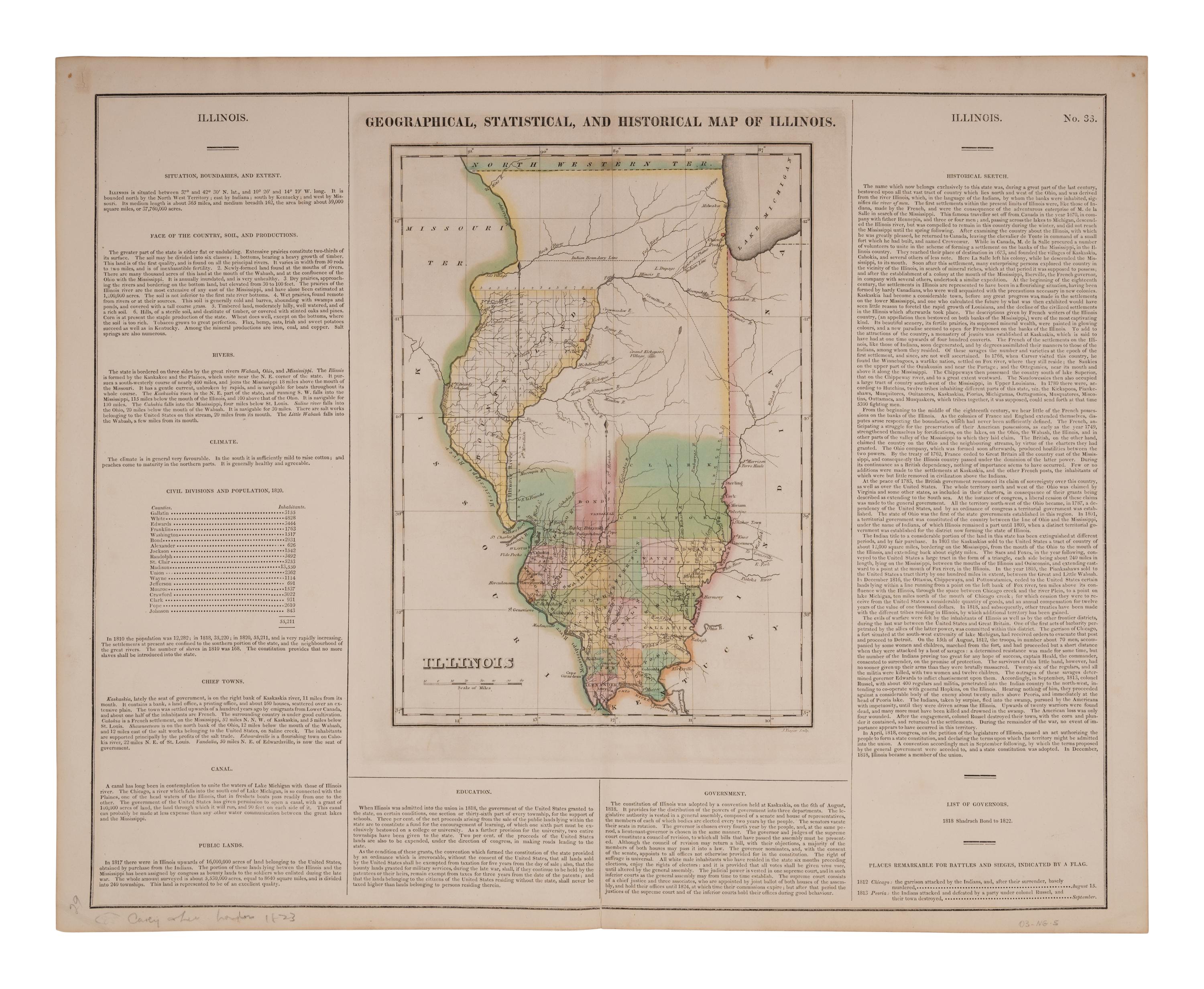 CAREY, Henry Charles (1793-1879) and Isaac LEA (1792-1886). Geographical, Statistical, and Historical Map of Illinois . [Philadelphia, 1822].