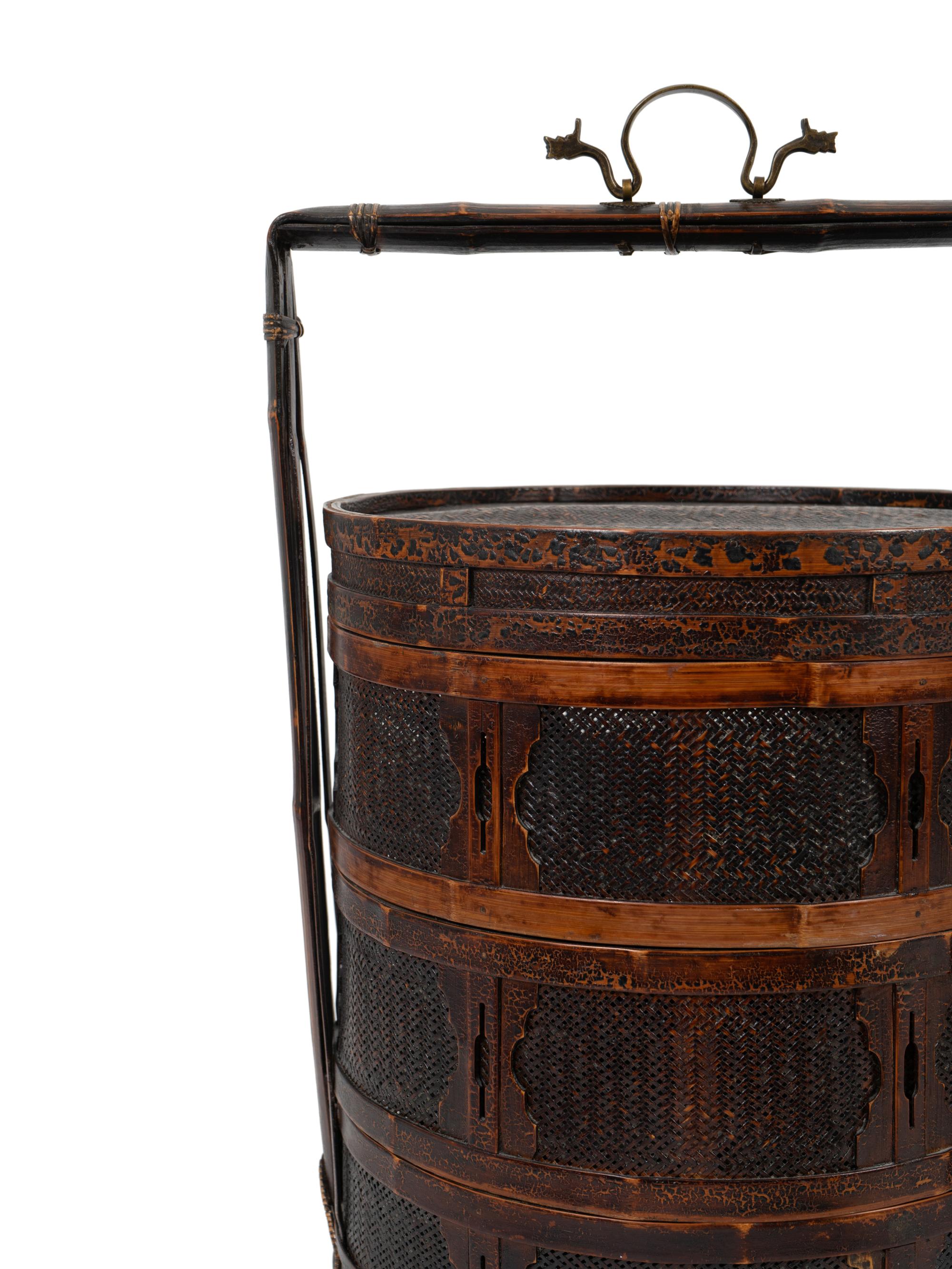 A Pair of Chinese Bamboo Picnic Baskets and Two Lacquer Low Tables — 20TH CENTURY
