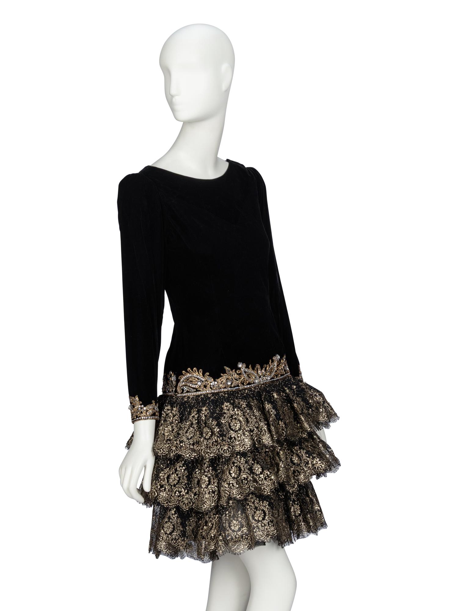 Oscar de la Renta, Velvet & Gold Lace Dress, 1980s Runway Sample