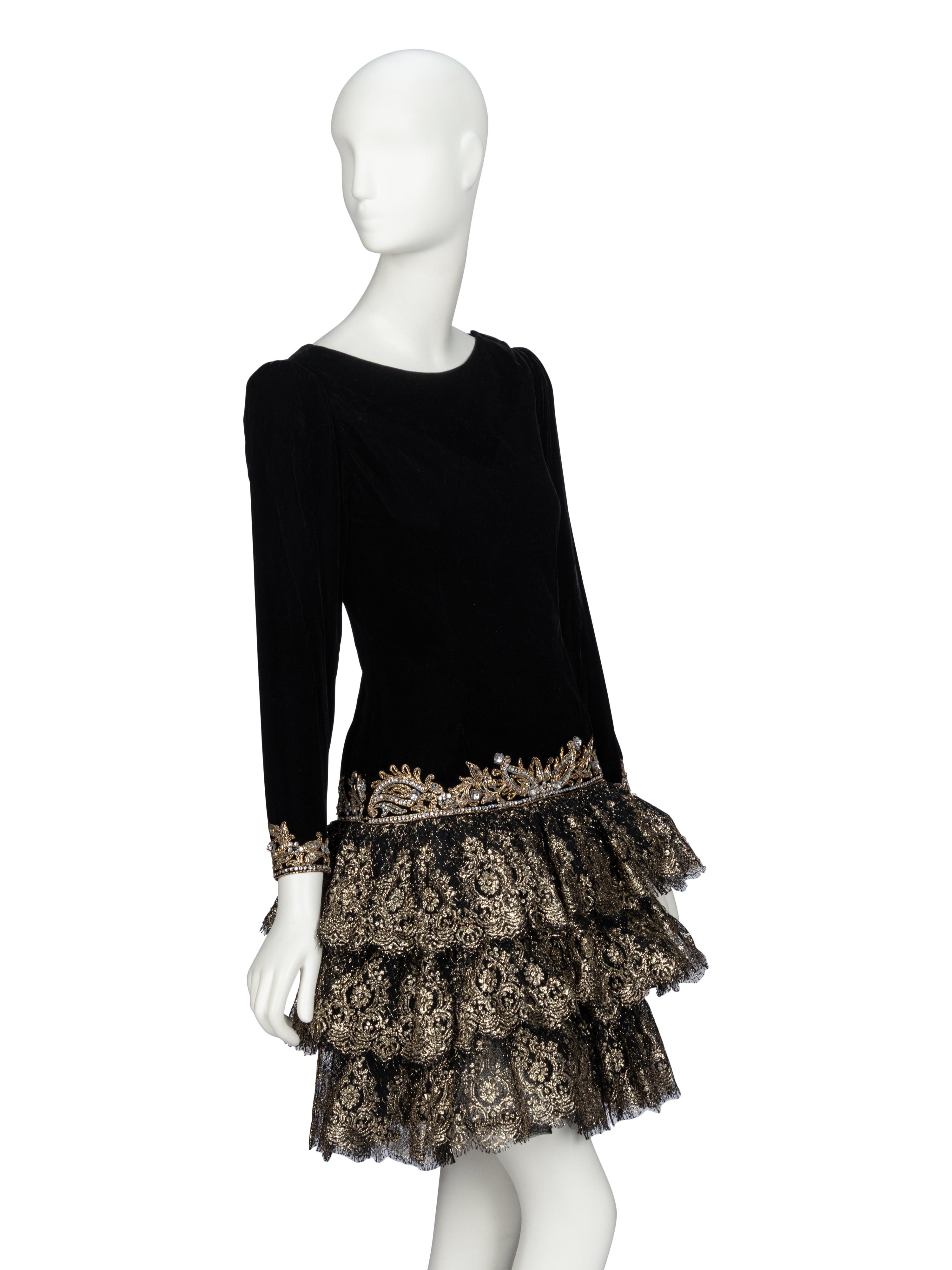 Oscar de la Renta, Velvet & Gold Lace Dress, 1980s Runway Sample