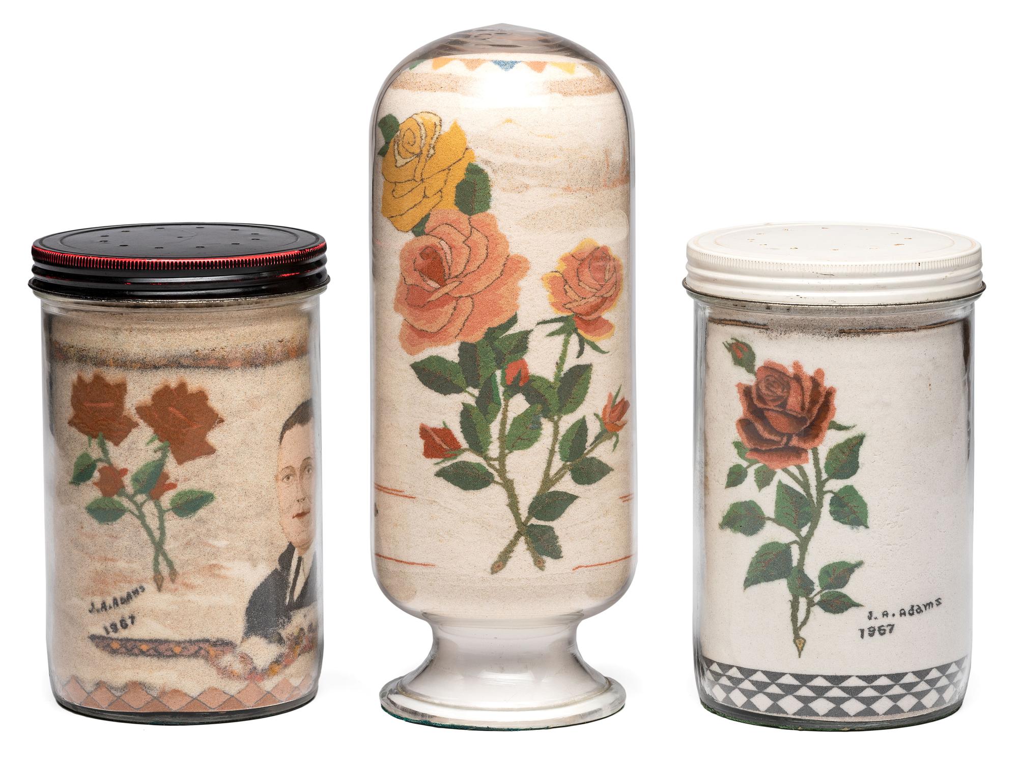 A Collection of John A. Adams Sand Art Bottles, Along with Custom Box and Unused Bottle