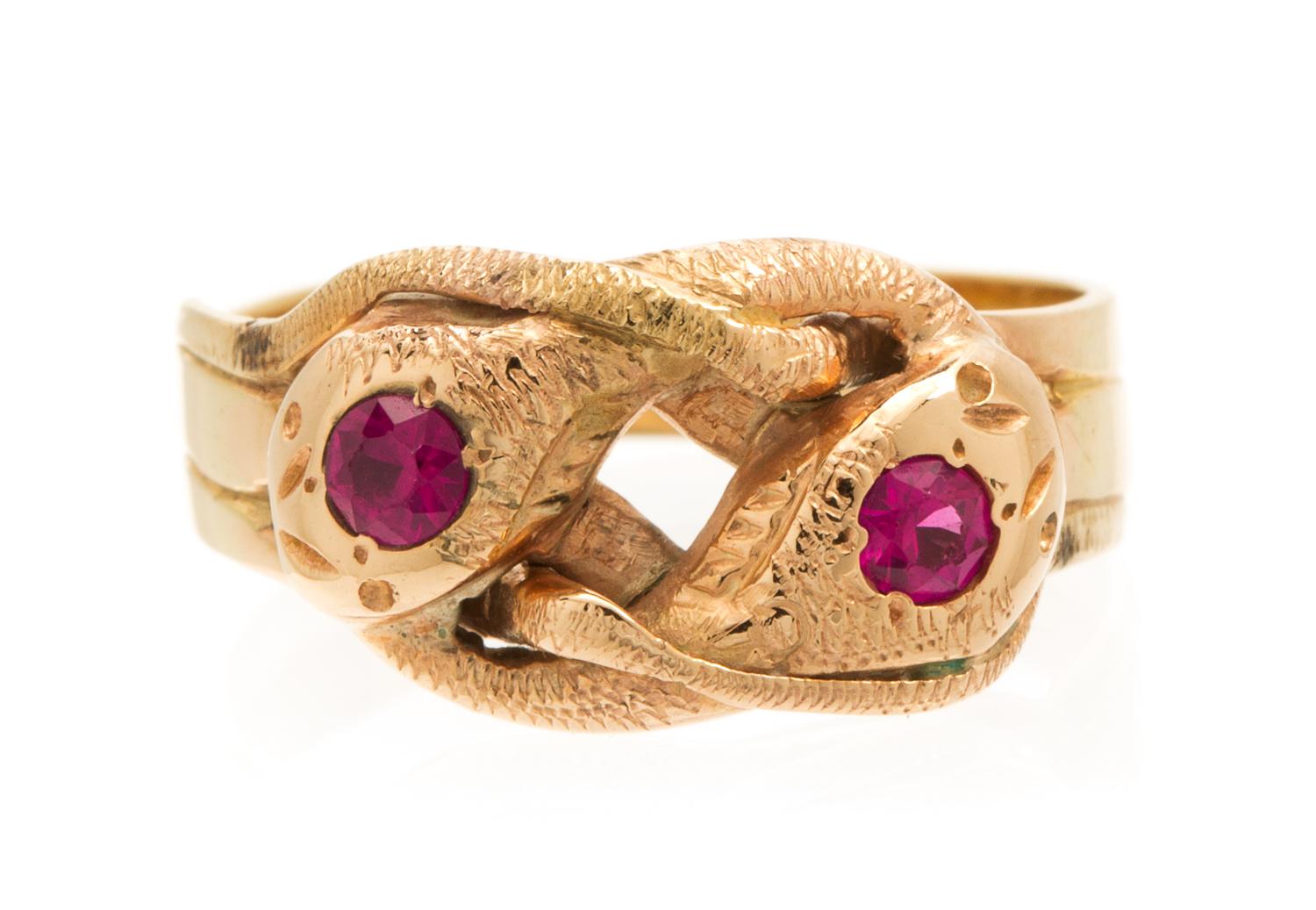 A Rose Gold and Ruby Double Snake Ring, 4.20 dwts.