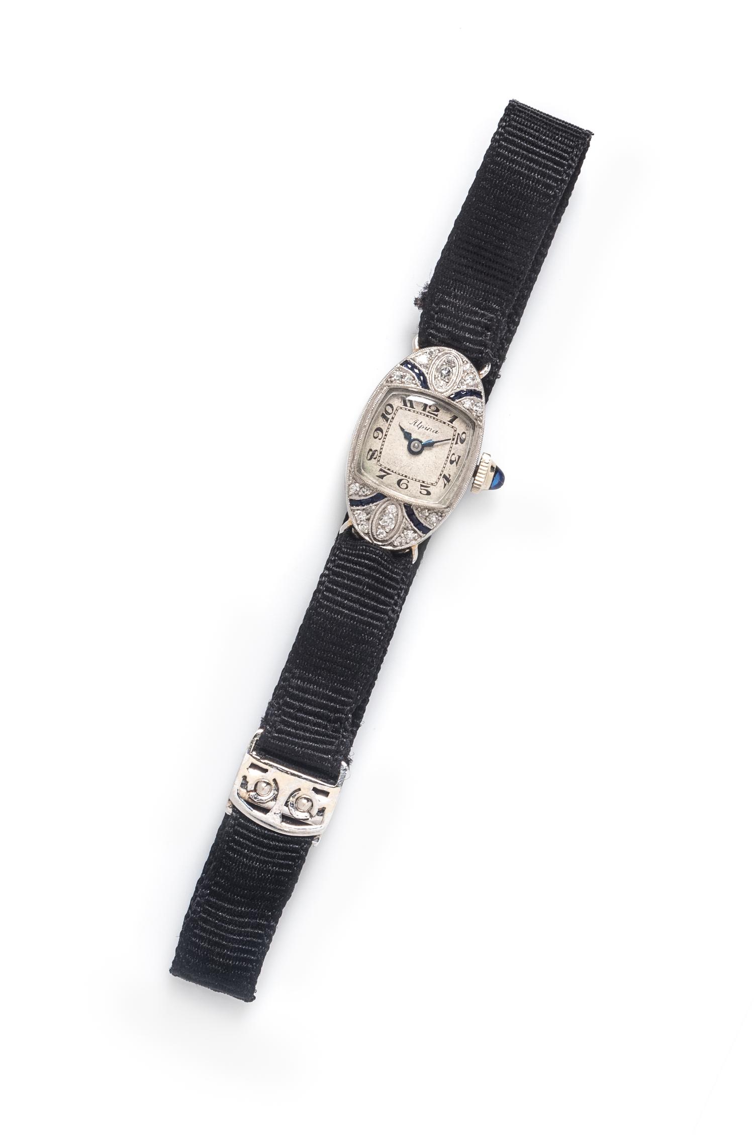 An Art Deco Platinum, Diamond and Sapphire Wristwatch, Alpina,