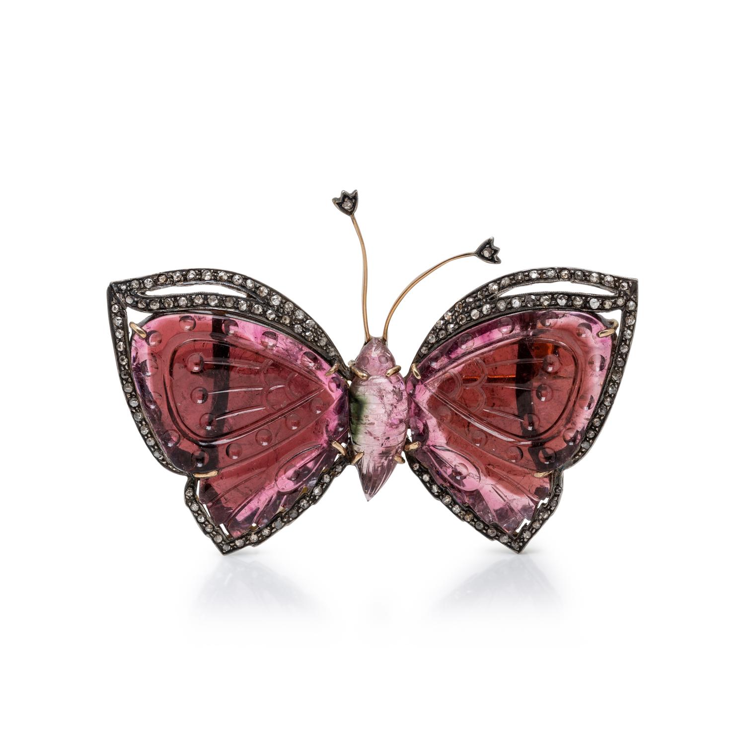 CARVED TOURMALINE BUTTERFLY BROOCH