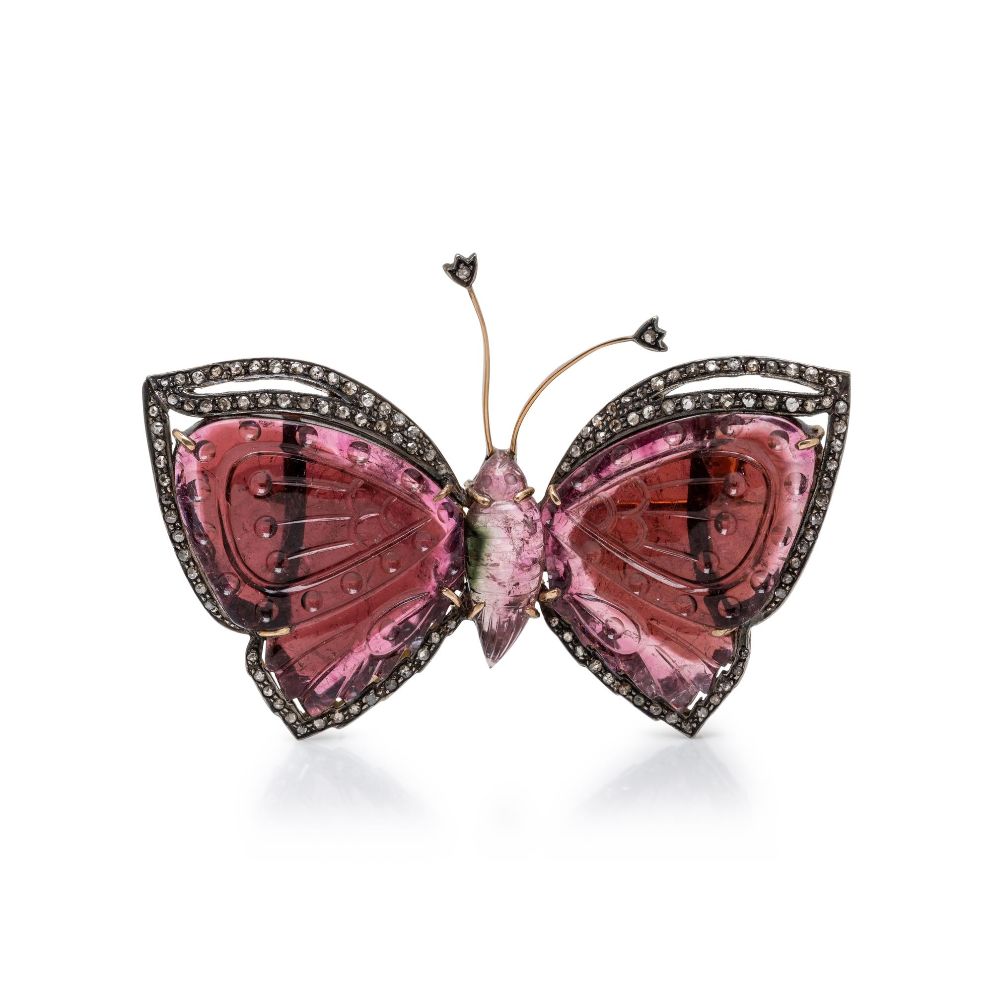 CARVED TOURMALINE BUTTERFLY BROOCH