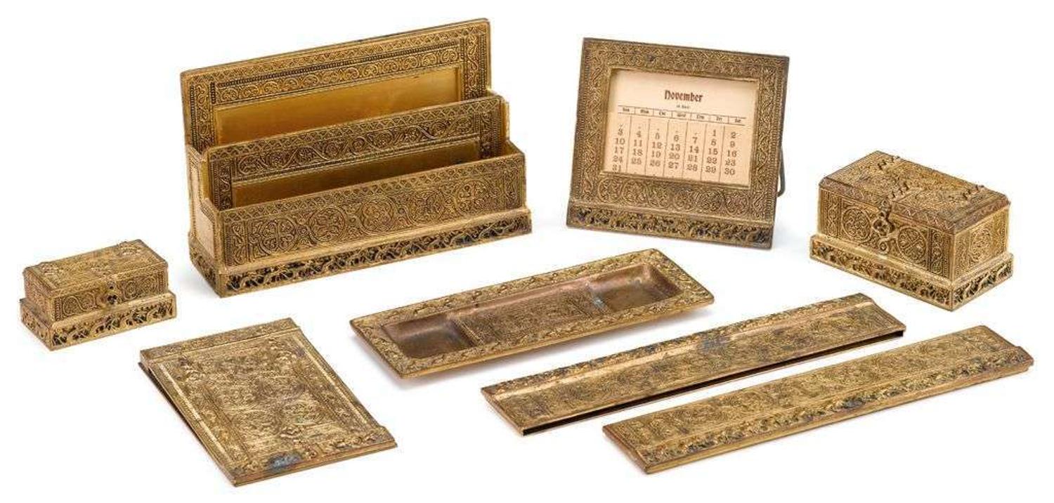 Eight piece gilt bronze "Venetian" desk set tiffany studios, new york, ny, early 20th century