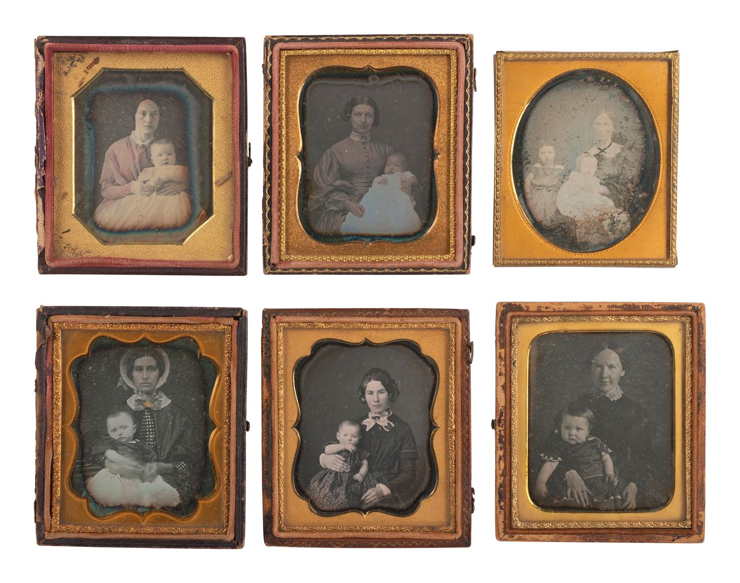 [EARLY PHOTOGRAPHY]. 14 sixth plate daguerreotypes of women with babies.