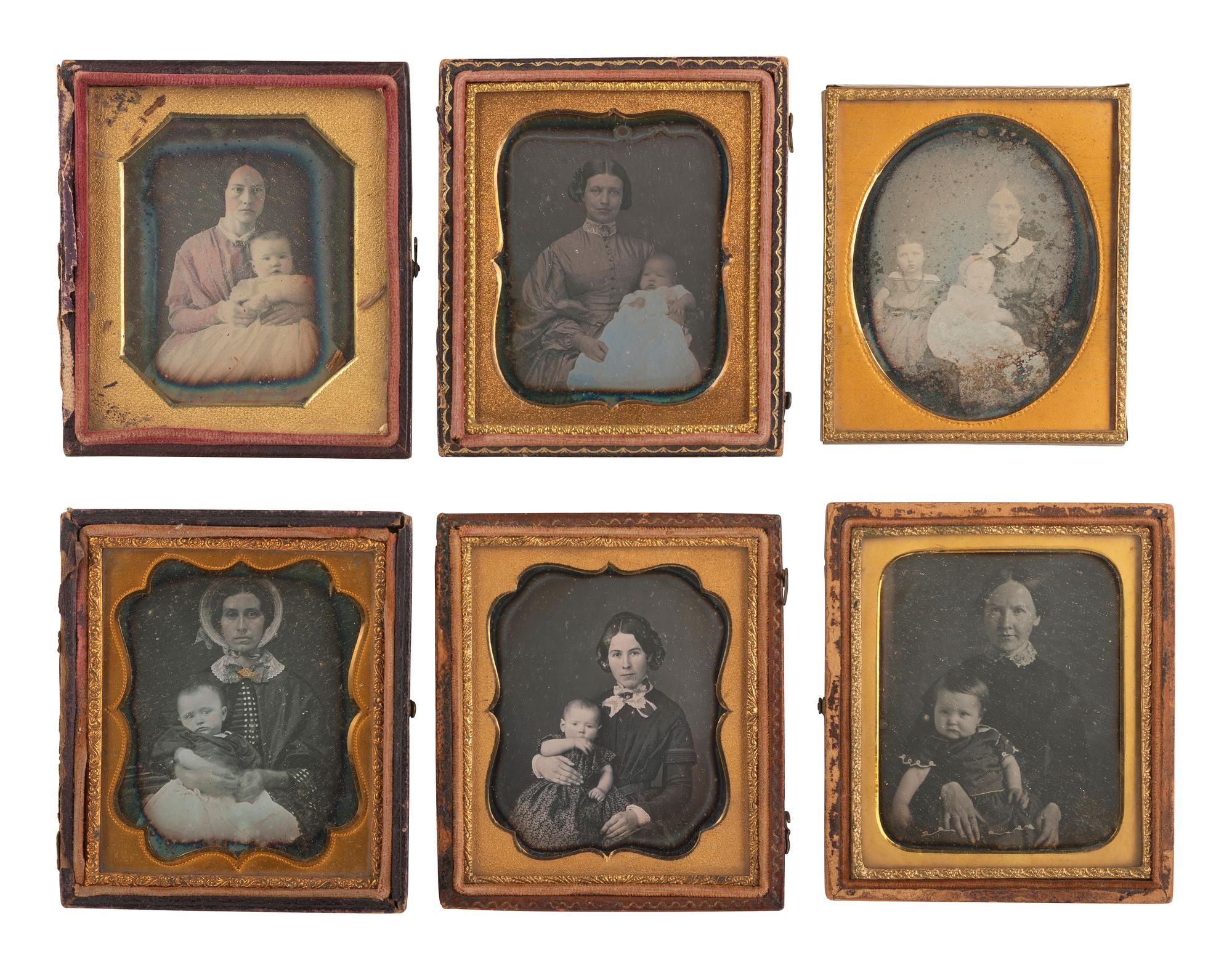 [EARLY PHOTOGRAPHY]. 14 sixth plate daguerreotypes of women with babies.