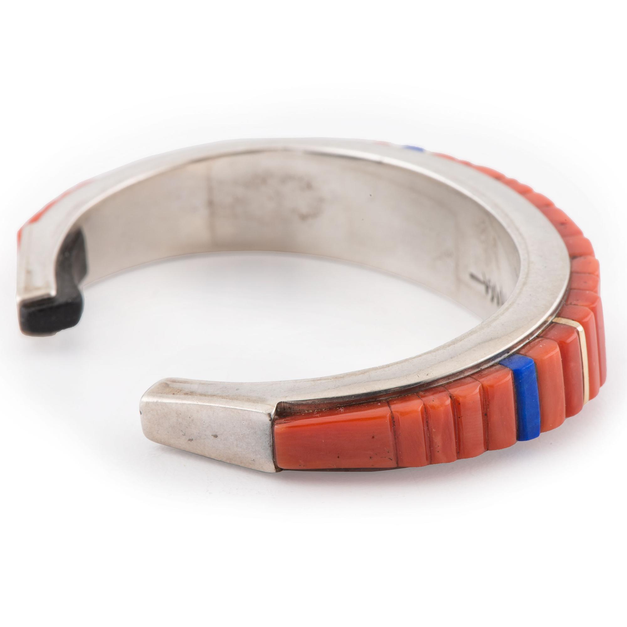 Silver, Coral, Lapis, and Ironwood Cuff Bracelet, with Gold Accents