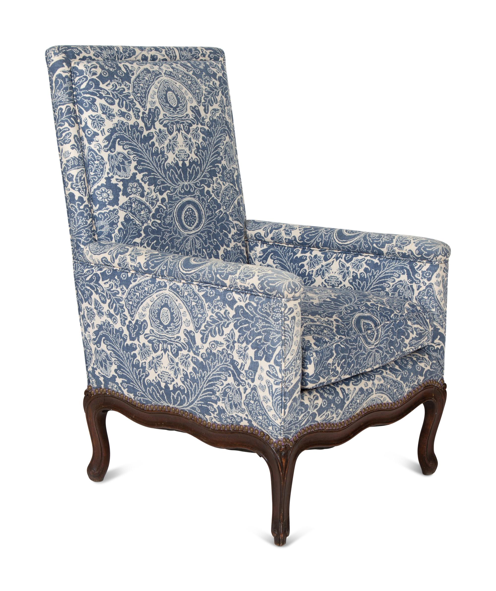 A Louis XV Style Blue and White Upholstered Bergère — 19TH CENTURY