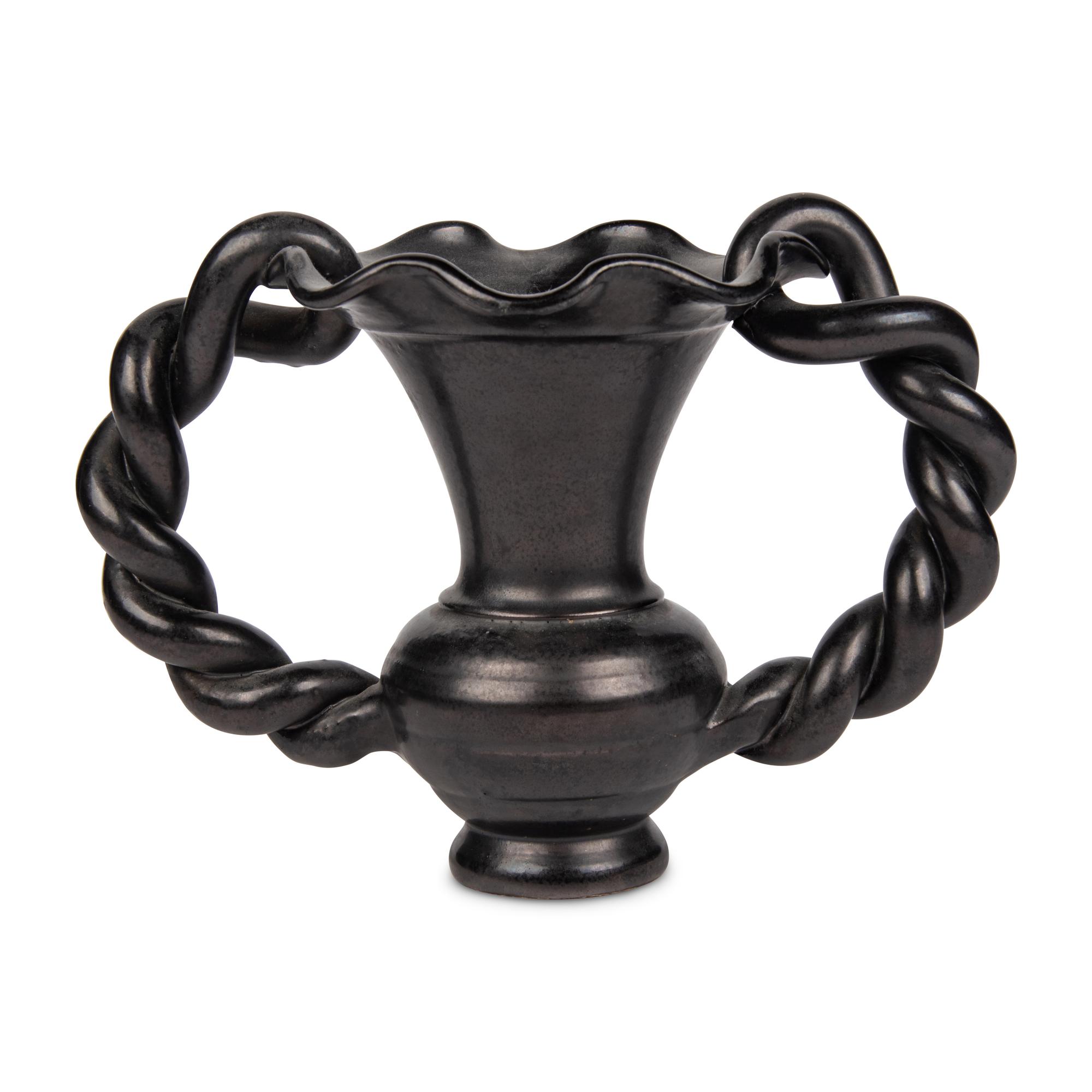 A French Black Glazed Ceramic Two-Handled Vase
