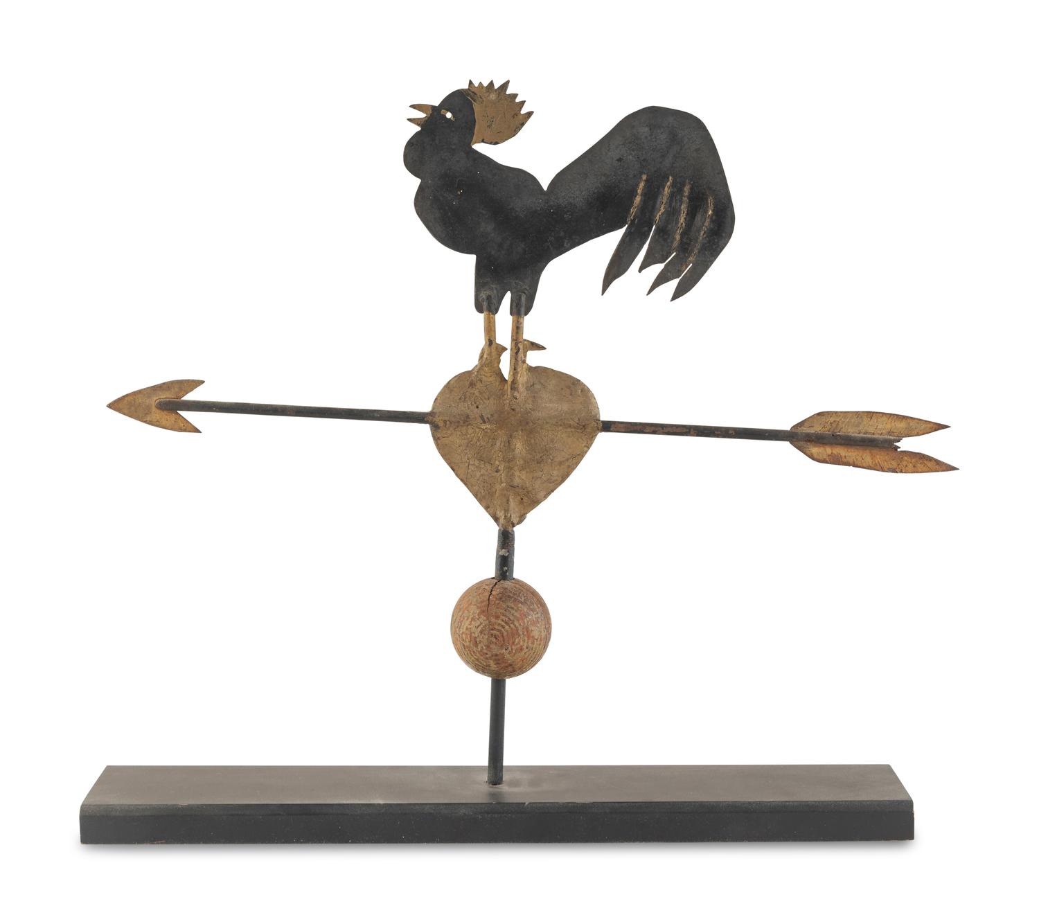 A Parcel Gilt Cut Sheet Iron Rooster on Heart Weathervane